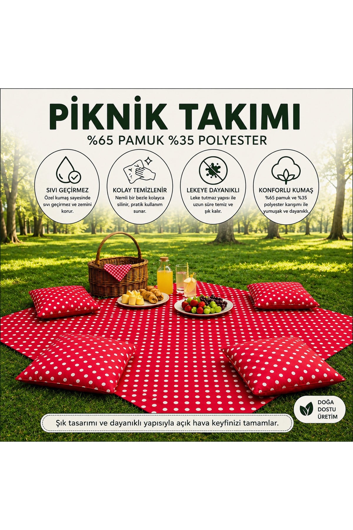 Kırmızı Puantiyeli Piknik Takımı 170x170 cm | 4 Kare Dolgulu Minderli | Sıvı Geçirmez | Özel Üretim