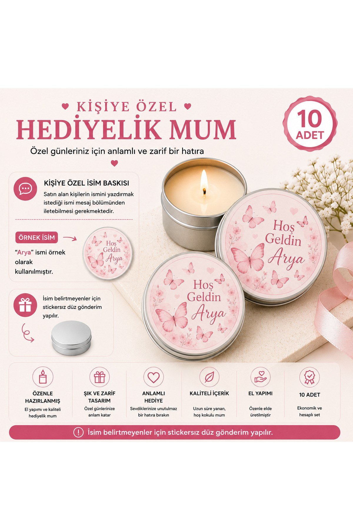 Kişiye Özel İsim Baskılı Kelebek Temalı Hediyelik Mum 10 Adet | Metal Kutulu Baby Shower, Bebek Mevlüdü, Hastane Çıkışı Dağıtmalık Mum