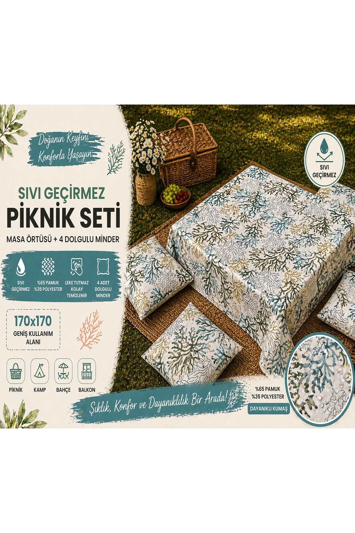Piknik Seti 4 Minderli 170x170 Sıvı Geçirmez Masa Örtüsü | Bahçe Kamp Balkon Kumsal Örtüsü