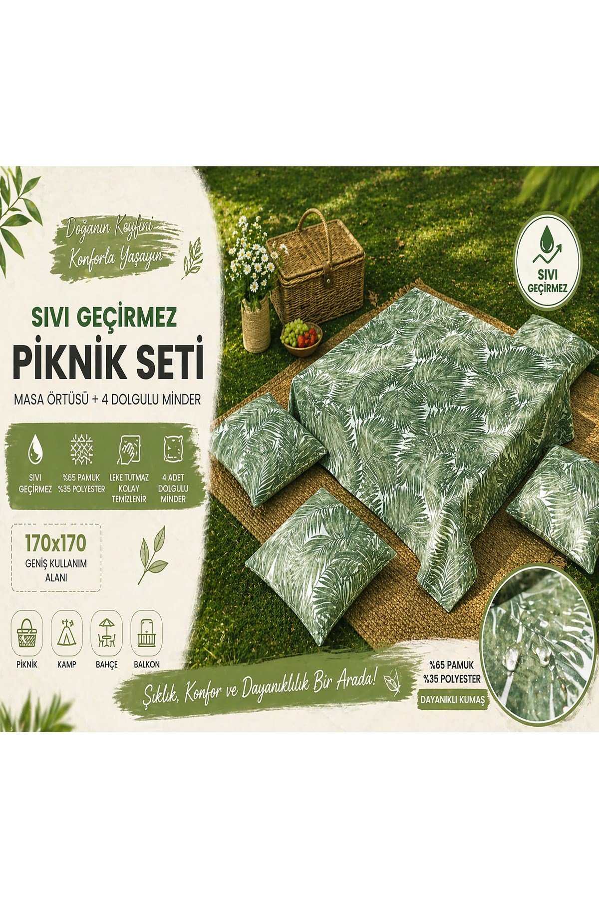 Piknik Seti 4 Minderli 170x170 Sıvı Geçirmez Masa Örtüsü | Bahçe Kamp Balkon Kumsal Örtüsü Yeşil