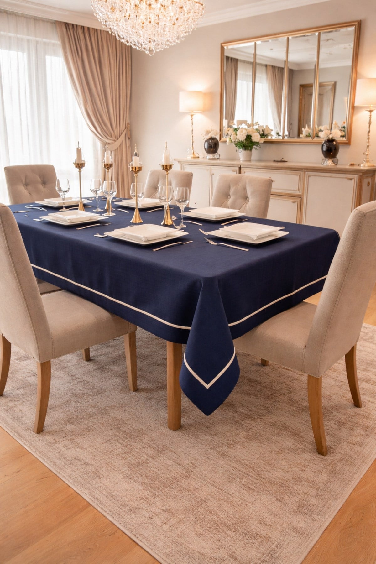 Piko Sarma Gold Detaylı Masa Örtüsü - Runner Takım Lacivert (Kutulu)