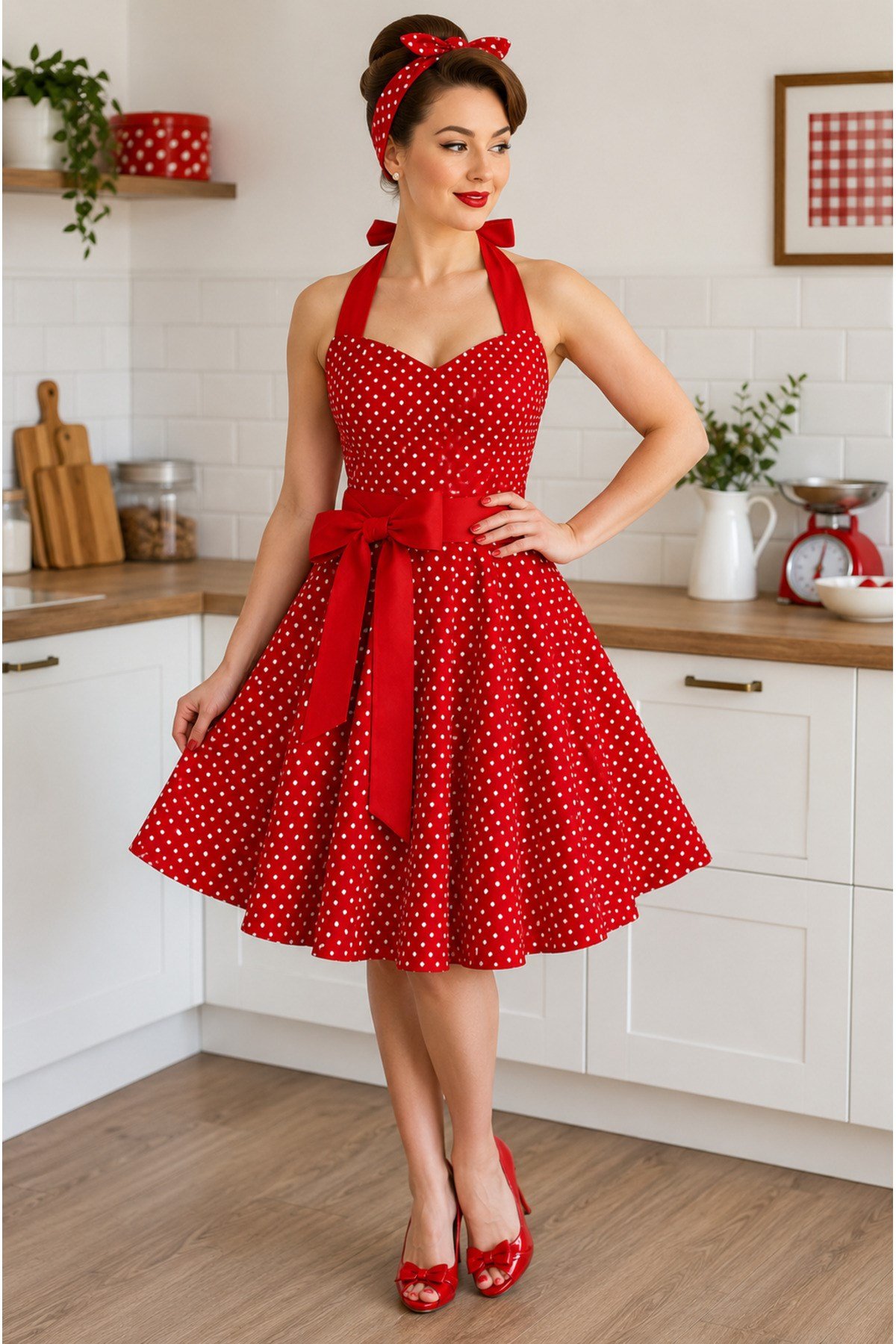Sıvı Geçirmez Keten Mutfak Önlüğü | Oeko-Tex 100 | El İşçiliği | %65 Pamuk %35 Polyester | Retro Puantiyeli Tasarım