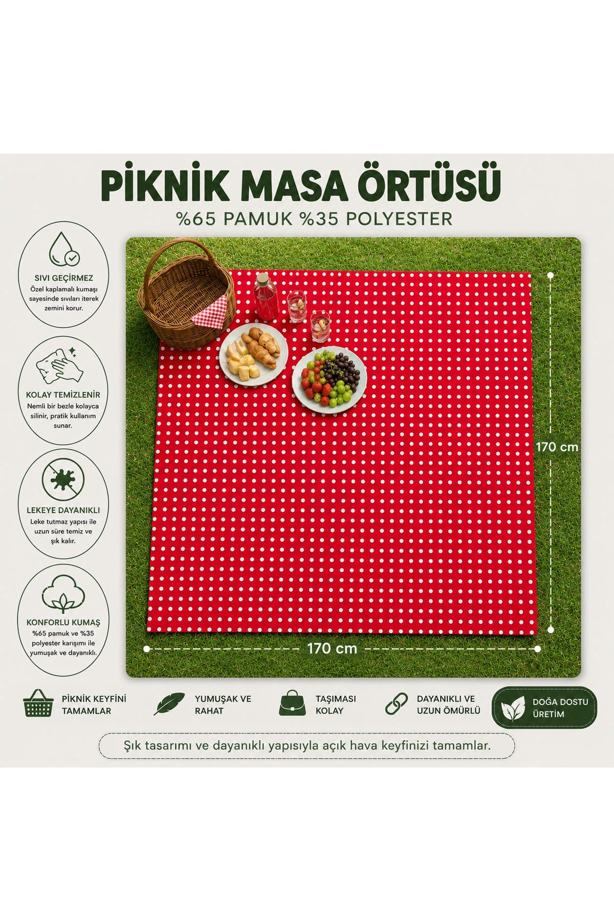 Sıvı Geçirmez Puantiyeli Piknik Masa Örtüsü Bahçe Kamp Piknik Örtüsü 170 x 170 Kırmızı