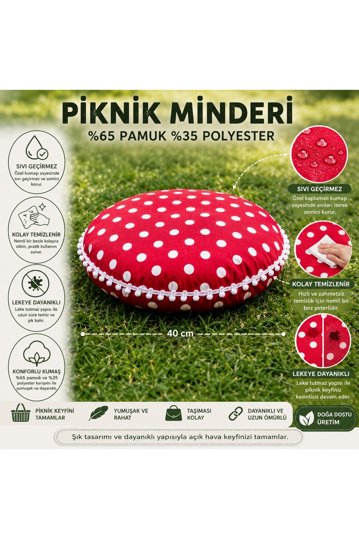 Sıvı Geçirmez Puantiyeli Piknik Masa Sandalye Minderi Bahçe Kamp Piknik Minderi Kırmızı