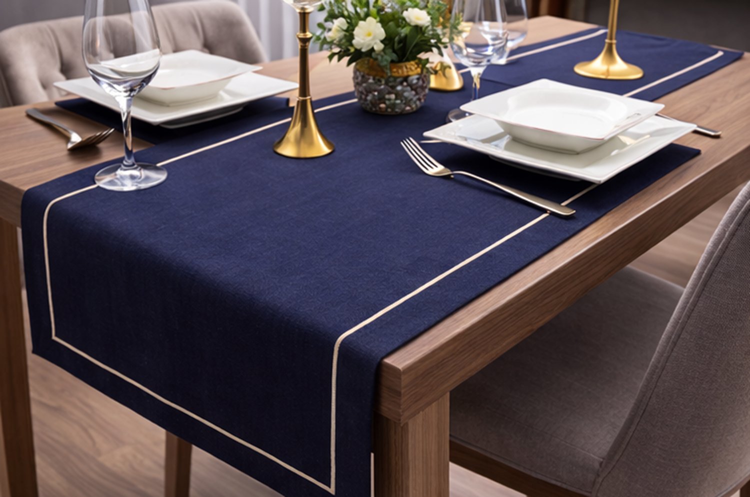 Zeren Home Polyester Keten Çeyiz Piko Sarma Detaylı Lacivert Runner 40 x 160 - 1 Adet