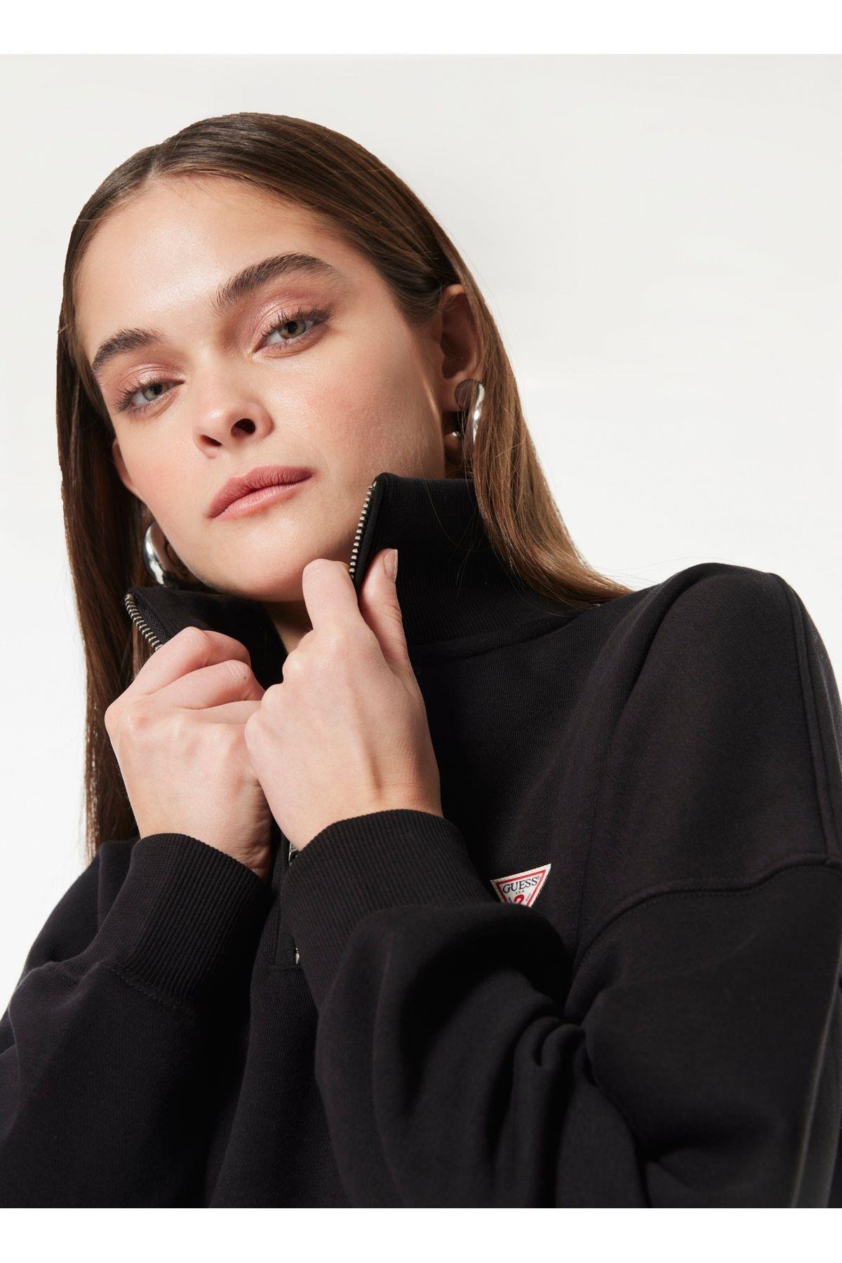 Jeans Fermuarlı Yaka Desenli Siyah Kadın Sweatshırt GJ HALF ZIP OS MINI - ORGANIC CO/PL