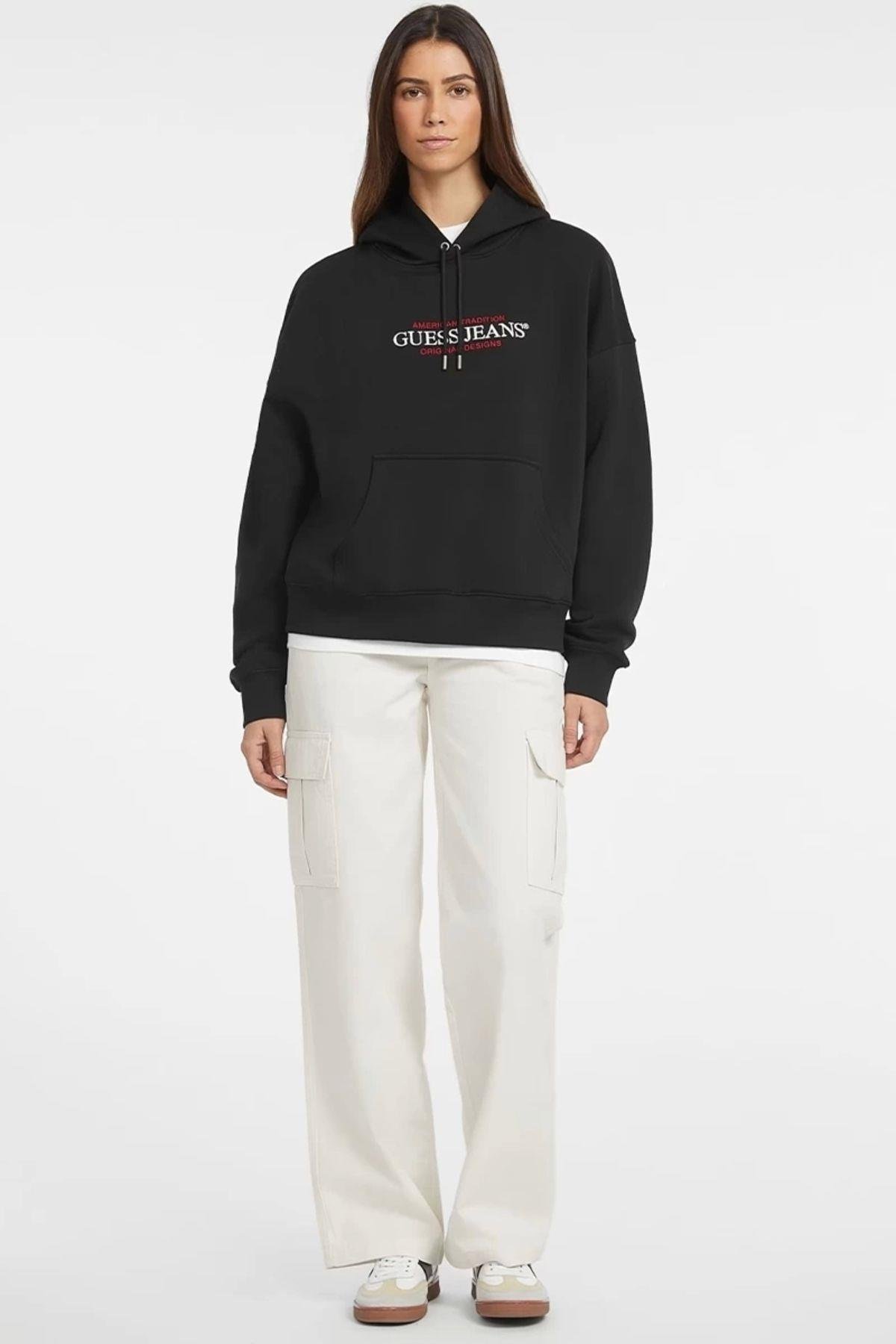 Jeans Kadın Kapüşonlu Oversize Siyah Sweatshirt