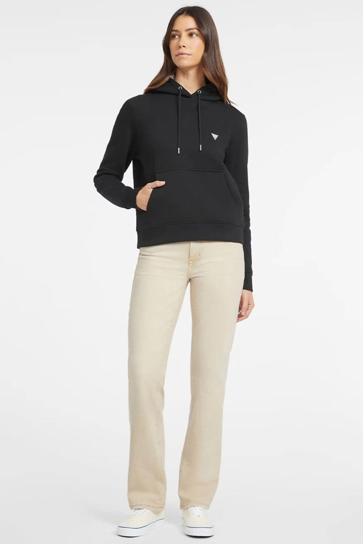 Jeans Kadın Polarlı Logolu Kapüşonlu Siyah Sweatshirt