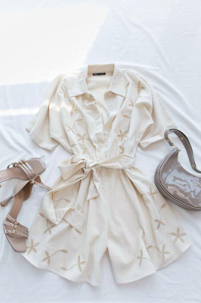 Nakışlı Keten Şort Tulum