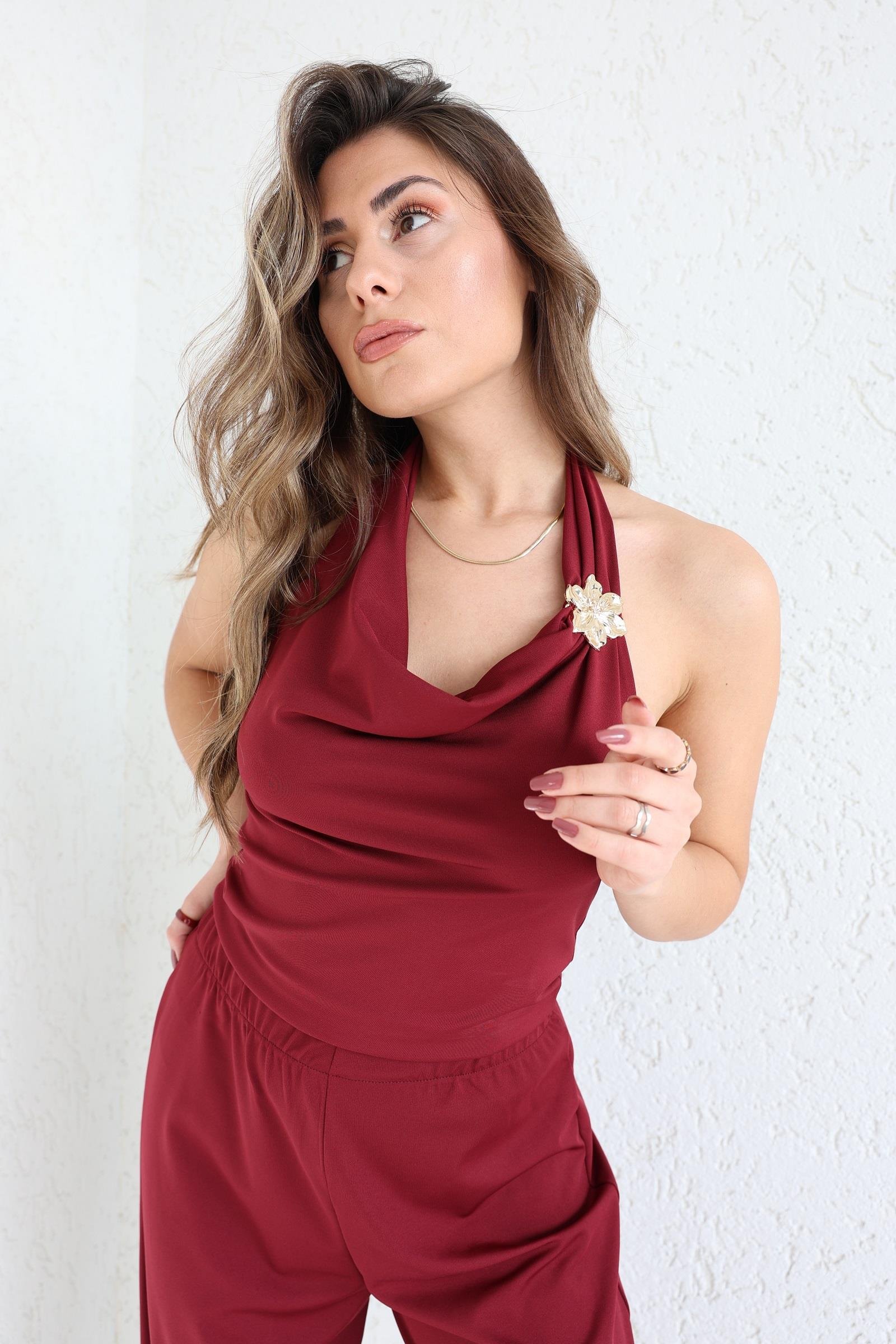 Pantolon TakımAksesuarlı Sırt Açık Crop Plazzo Takım