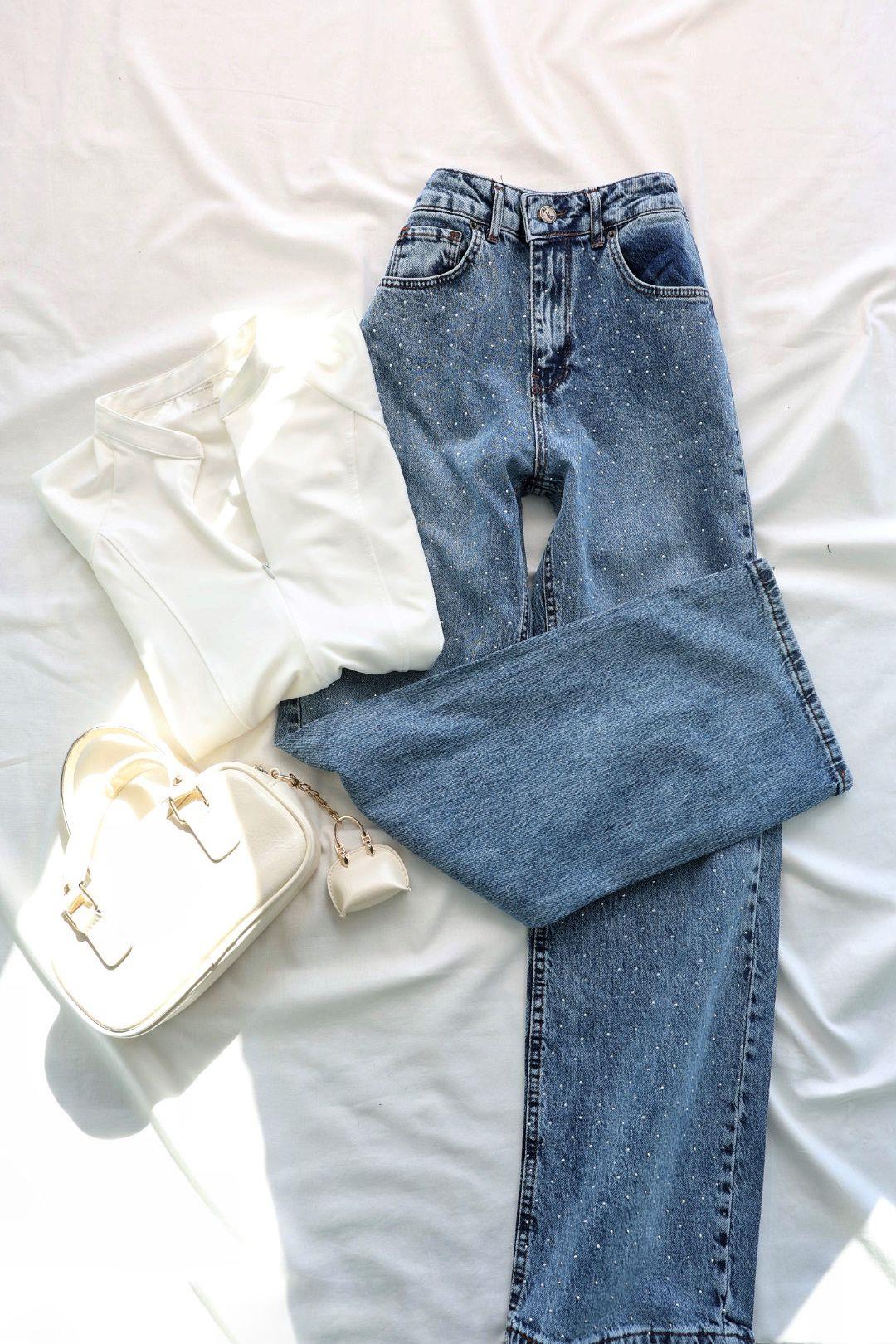 Jean/KotSerpme Taşlı Yüksek Bel Plazzo Jean