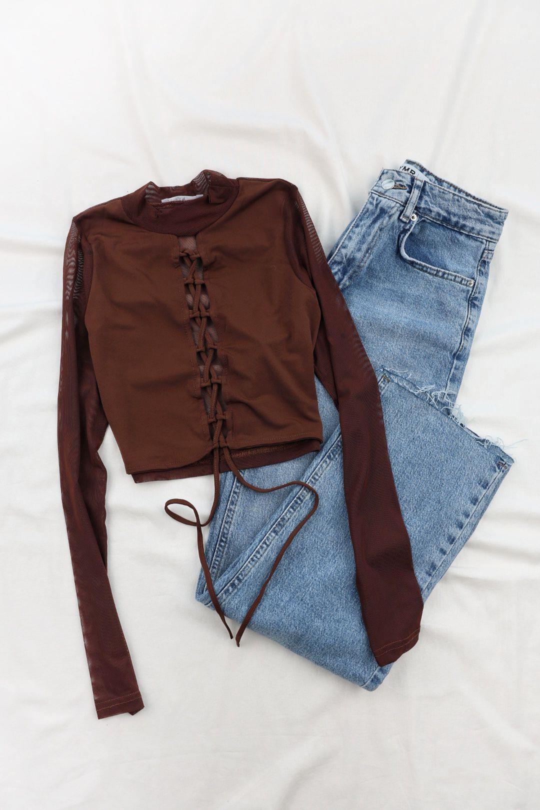 CroptopsÖn Çapraz Kolları Tül Bluz