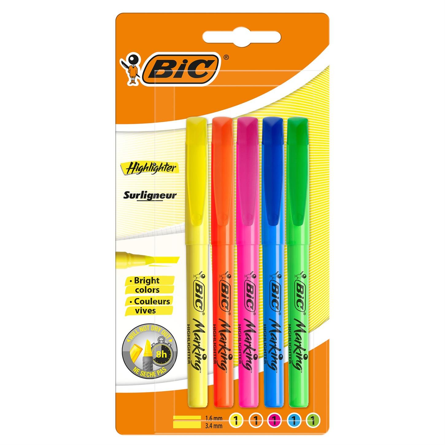 Bic Markıng Hıghlıghter Fosforlu Kalem, 5'li  Blister, Karışık Renkler