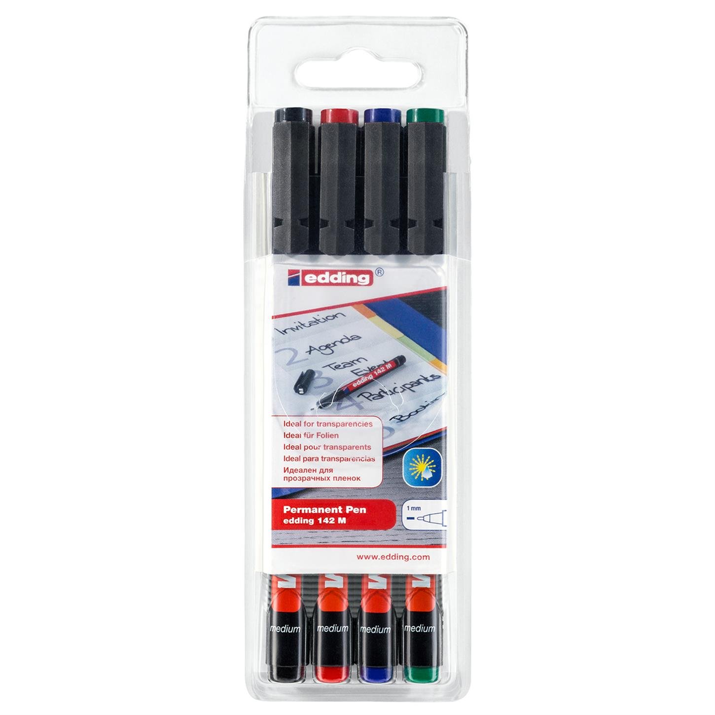 Edding 142 M Çok Amaçlı Asetat Kalemi - Permanent, 4‘lü Set Karışık
