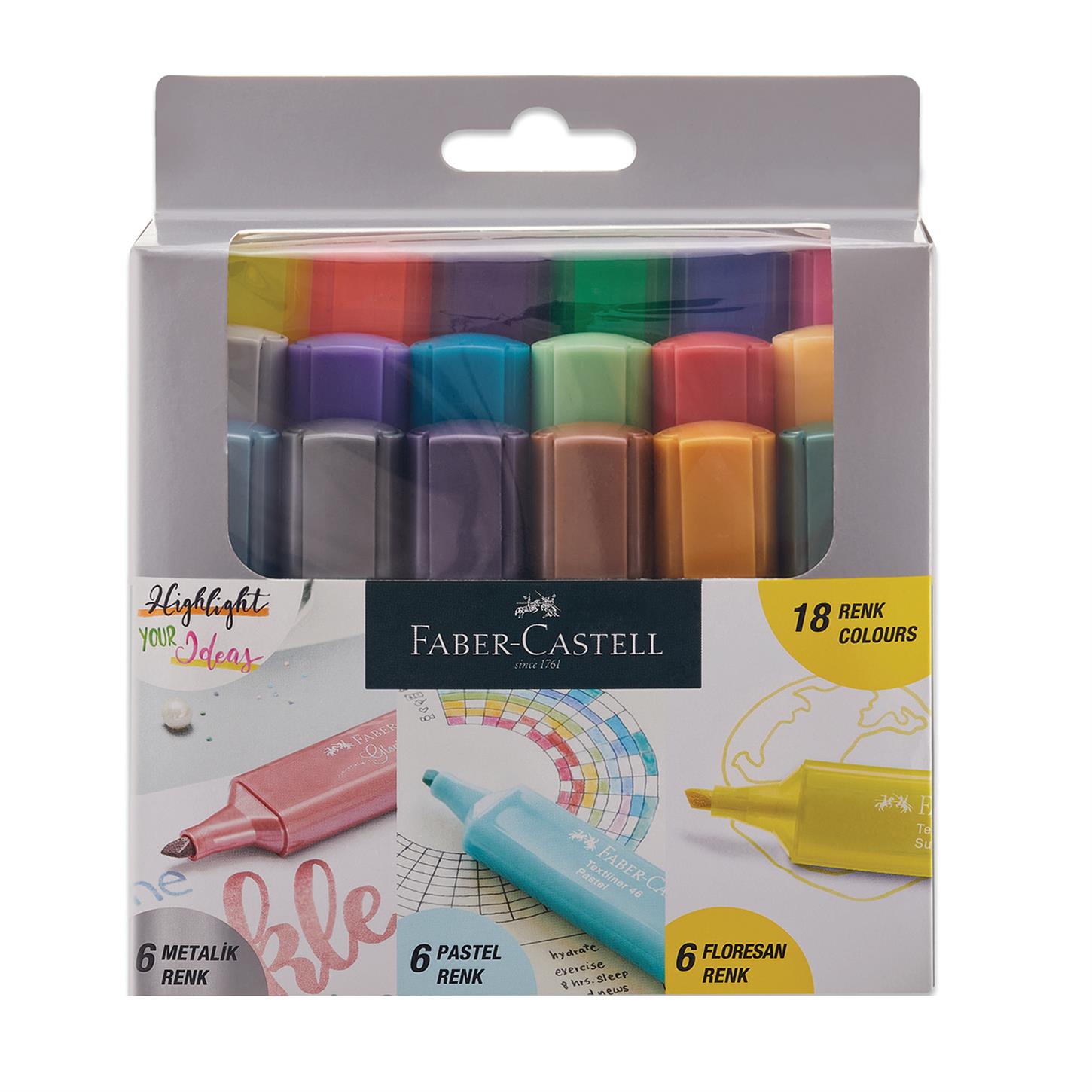 Faber Castel 46 Fosforlu Kalem, Metalik-Pastel- Klasik Renkler, 18li