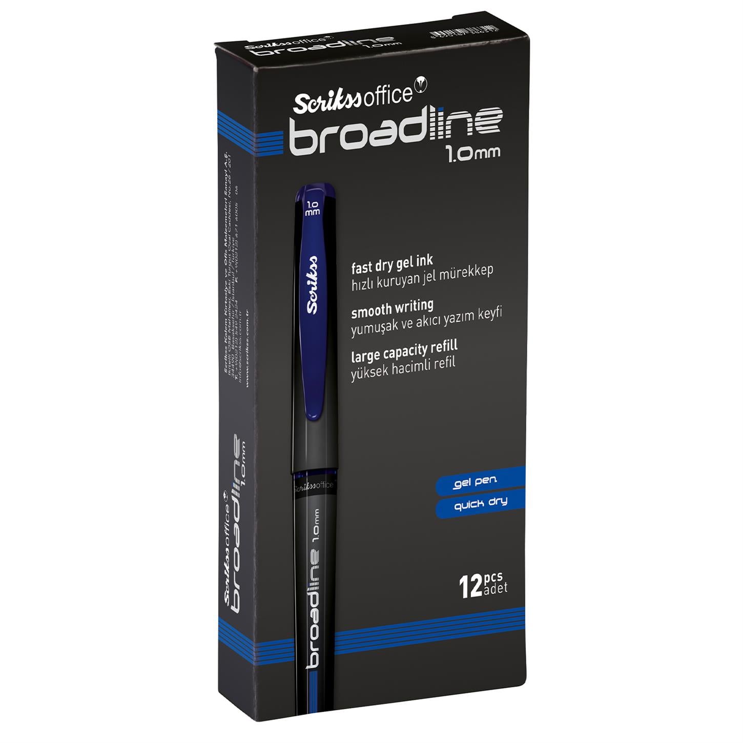 Scrikss Broadline Jel Kalem Hızlı Kuruyan Jel  Mürekkep Ergonomik Tutuş Sağlayan Kauçuk Grip 1.0 mm Uç 12li Kutu Mavi