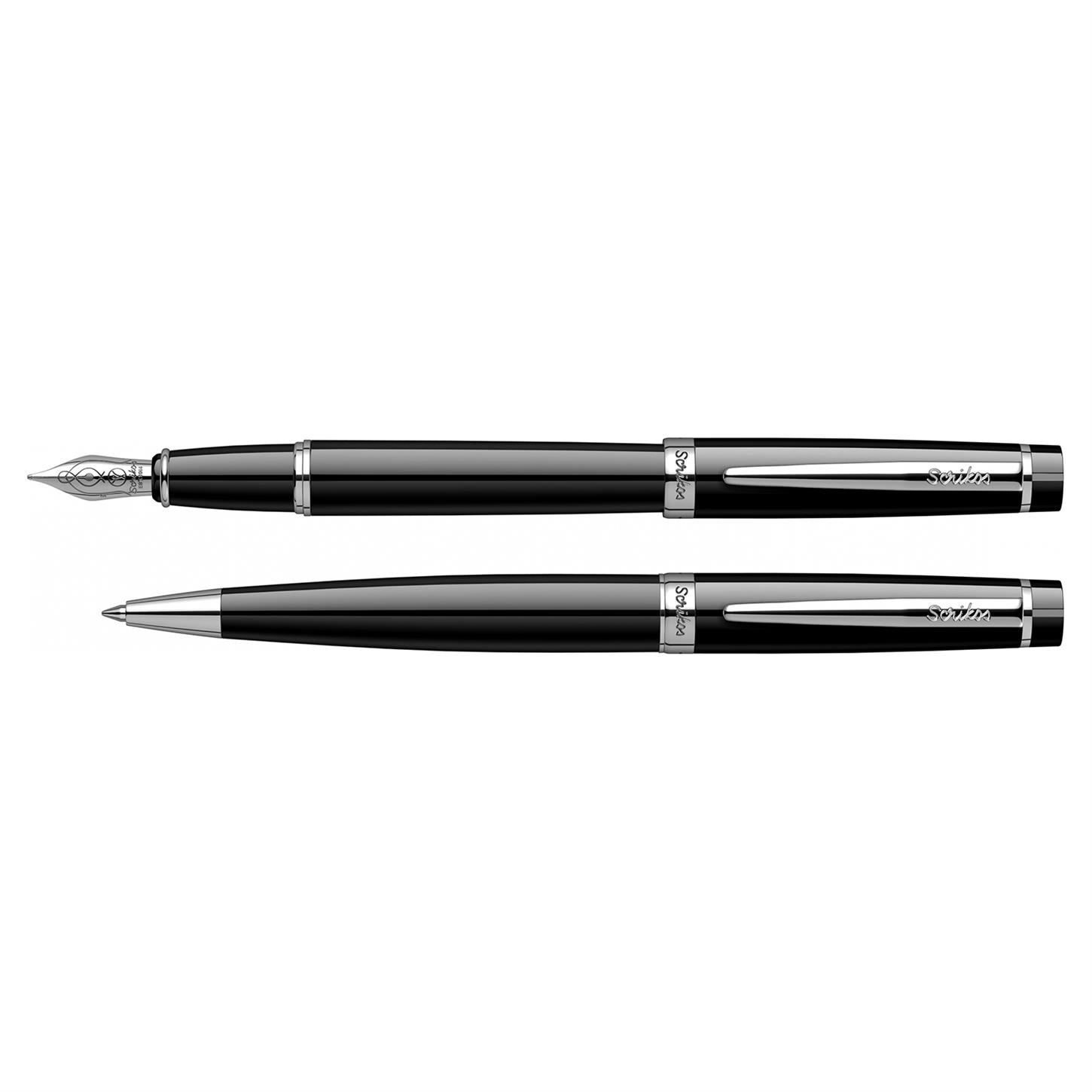 Scrikss Elegance Honour 38 2li Set Dolma Kalem- Tükenmez Kalem Lake Gövde Krom Kaplama Klips Siyah
