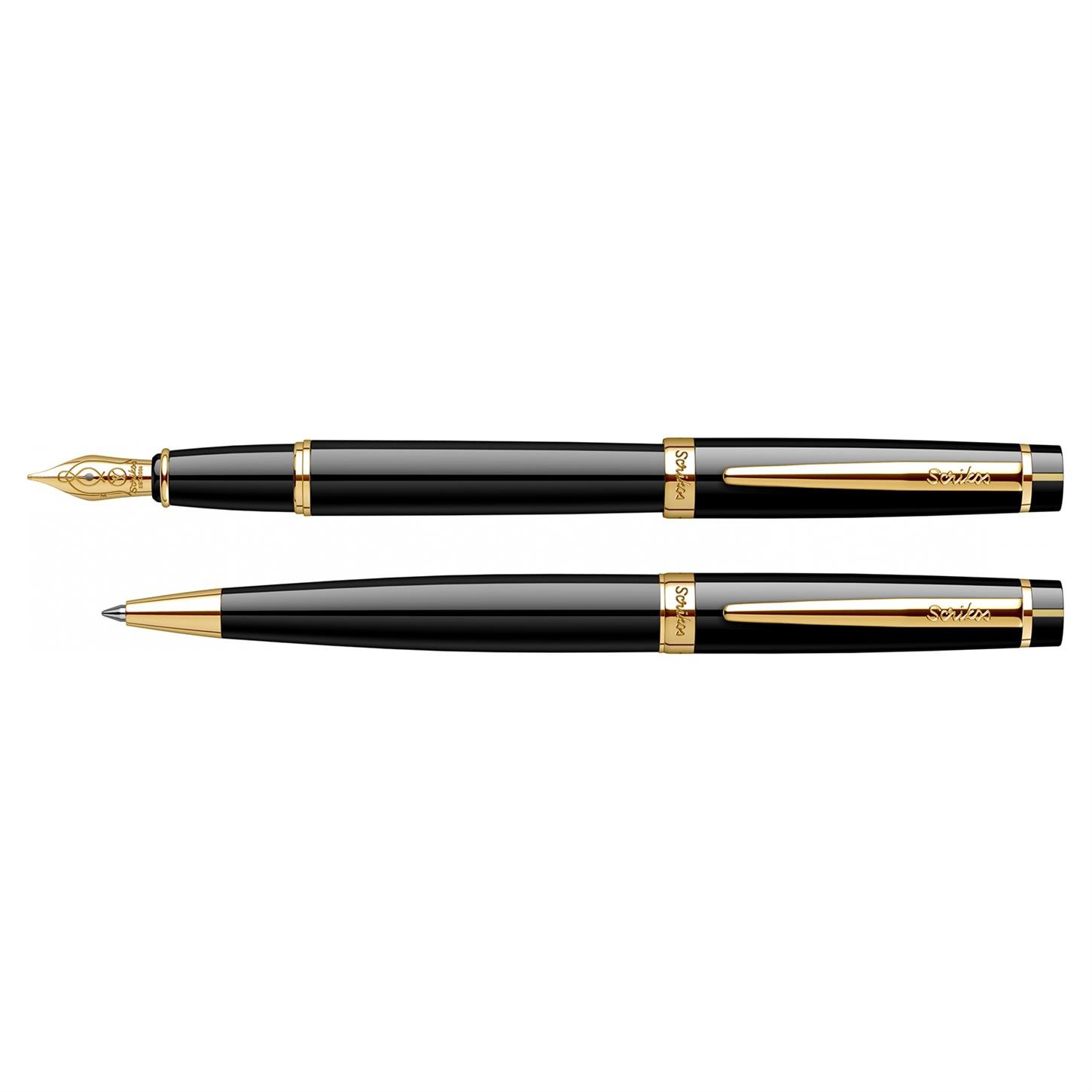 Scrikss Elegance Honour 38 2li Set Dolma Kalem- Tükenmez Kalem Lake Gövde Altın Kaplama Klips Siyah