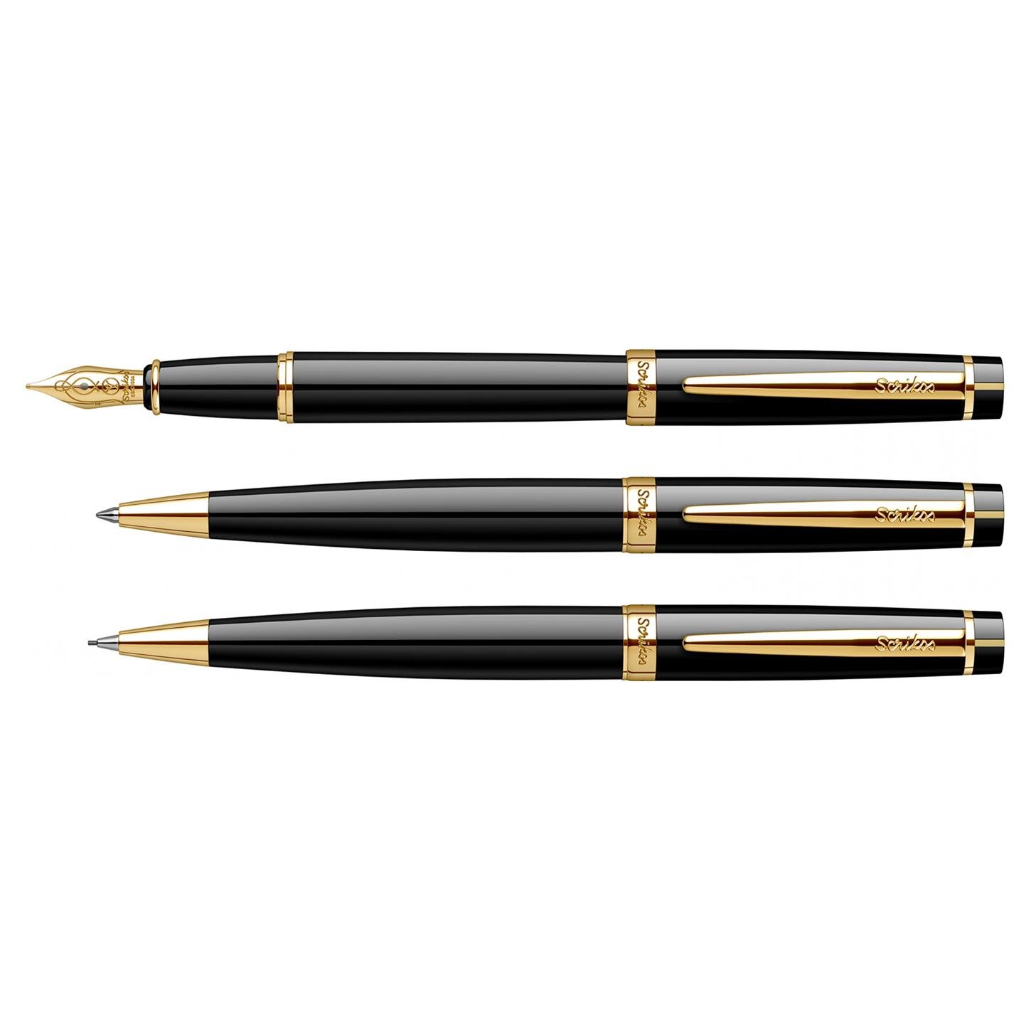 Scrikss Elegance Honour 38 3lü Set Dolma Kalem- Tükenmez Kalem-Versatil (Uçlu) Kalem Lake Gövde Altın Kaplama Klips Siyah