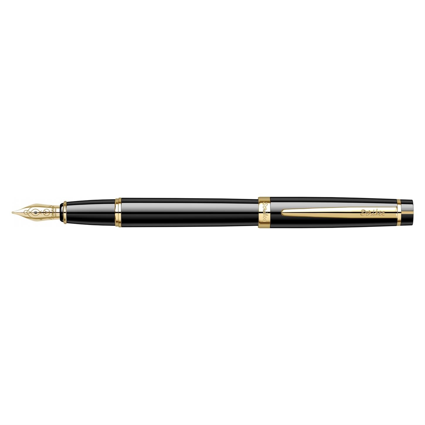 Scrikss Elegance Honour 38 Dolma Kalem Lake Gövde Altın Kaplama Klips Altın Kaplama Çelik Uç Siyah