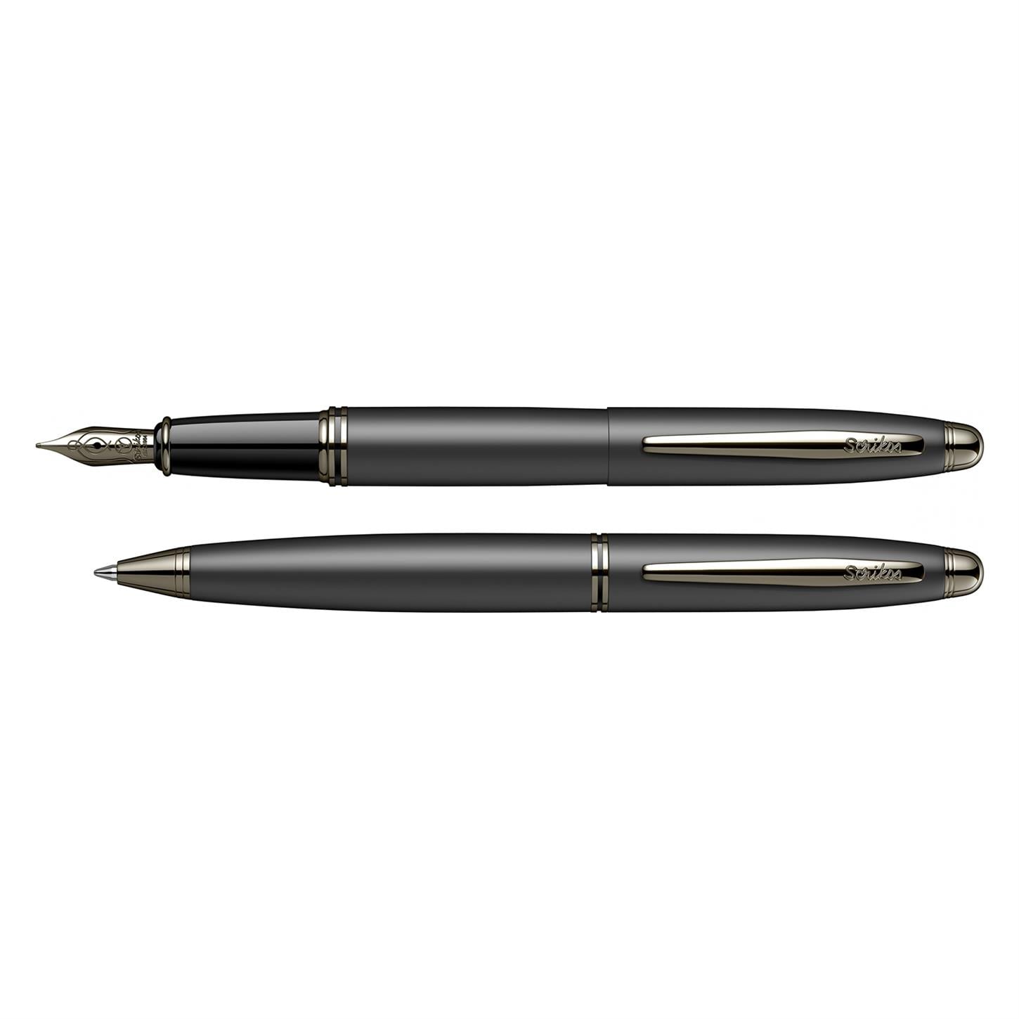 Scrikss Elegance Knight 88 2li Set Dolma Kalem- Tükenmez Kalem Mat Siyah Gövde Titanyum Kaplama Klips