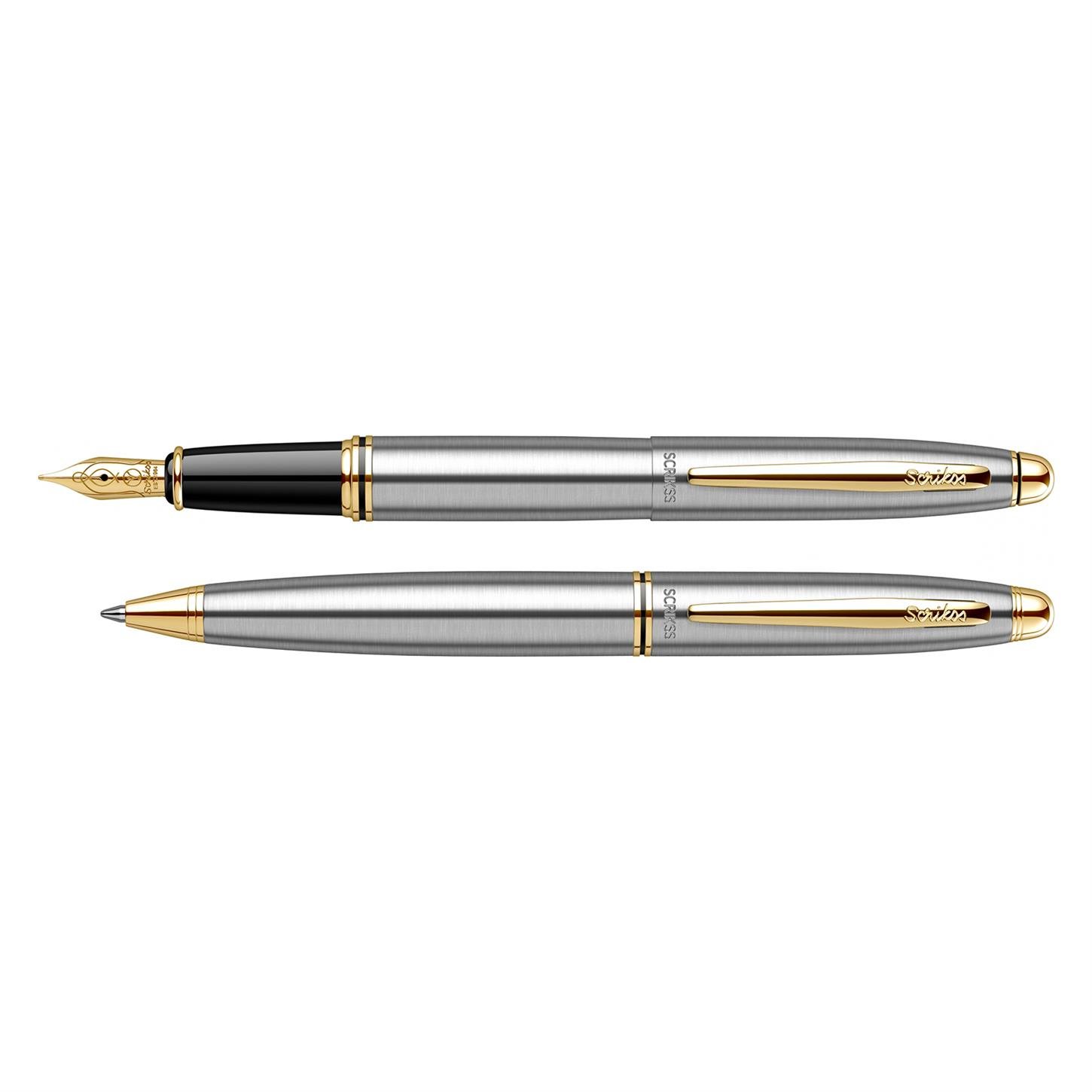 Scrikss Elegance Knight 88 2li Set Dolma Kalem- Tükenmez Kalem Paslanmaz Çelik Gövde Altın Kaplama
