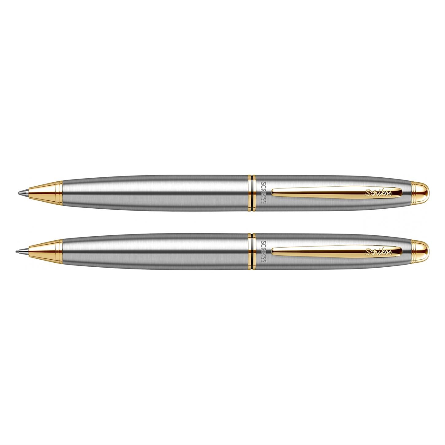 Scrikss Elegance Knight 88 2li Set Tükenmez Kalem- Versatil (Uçlu) Kalem Paslanmaz Çelik Gövde Altın Kaplama Klips