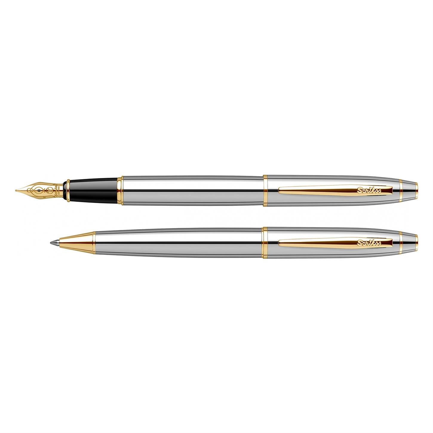 Scrikss Elegance Noble 35 2li Set Dolma Kalem- Tükenmez Kalem Parlak Krom Gövde Altın Kaplama Kli