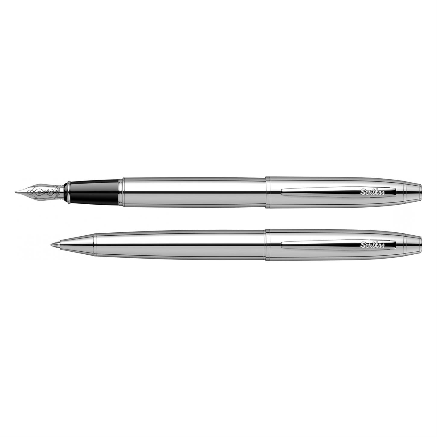 Scrikss Elegance Noble 35 2li Set Dolma Kalem- Tükenmez Kalem Parlak Krom Kaplama Gövde Krom Kaplama Klips