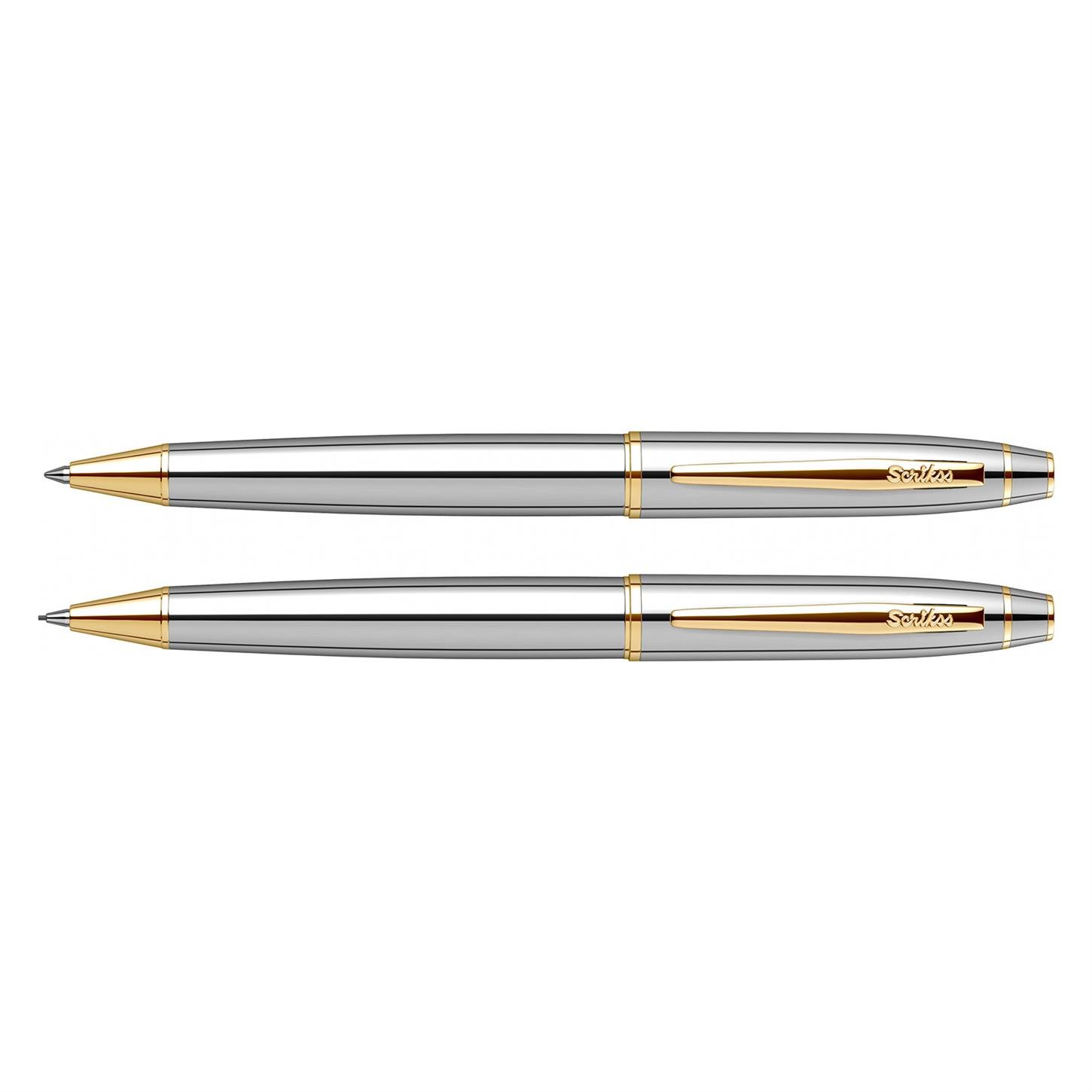 Scrikss Elegance Noble 35 2li Set Tükenmez Kalem- Versatil (Uçlu) Kalem Parlak Krom Gövde Altın Kapl