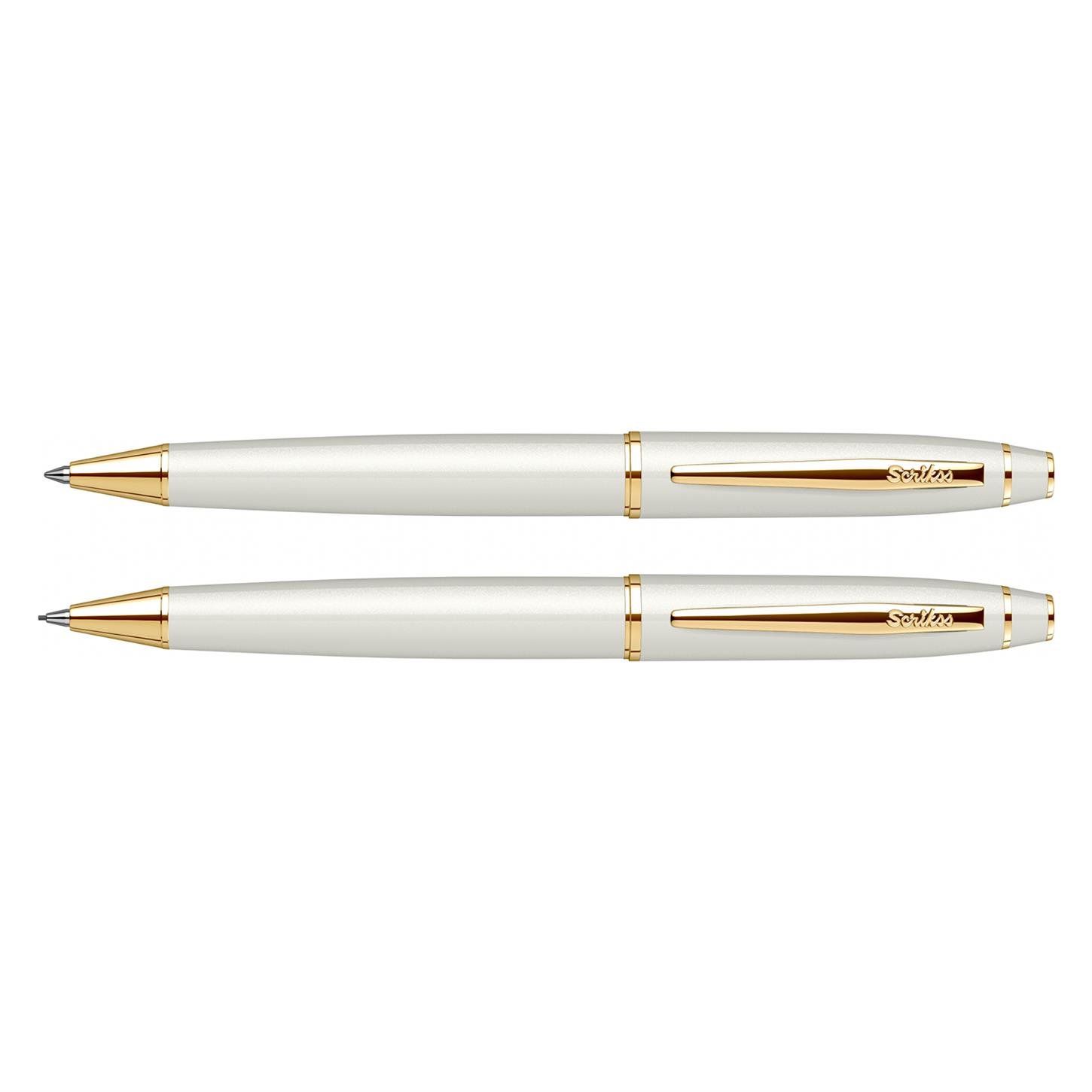 Scrikss Elegance Noble 35 2li Set Tükenmez Kalem- Versatil (Uçlu) Kalem İnci Beyazı Gövde Altın Kapl