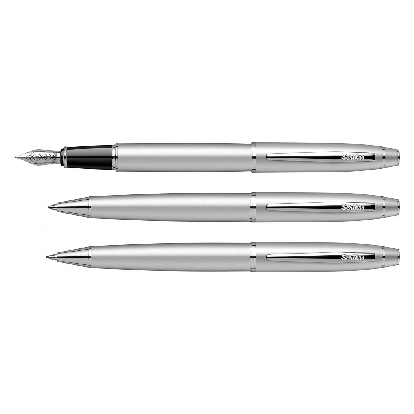 Scrikss Elegance Noble 35 3lü Set Dolma Kalem- Tükenmez Kalem- Versatil (Uçlu) Kalem Mat Krom Göv