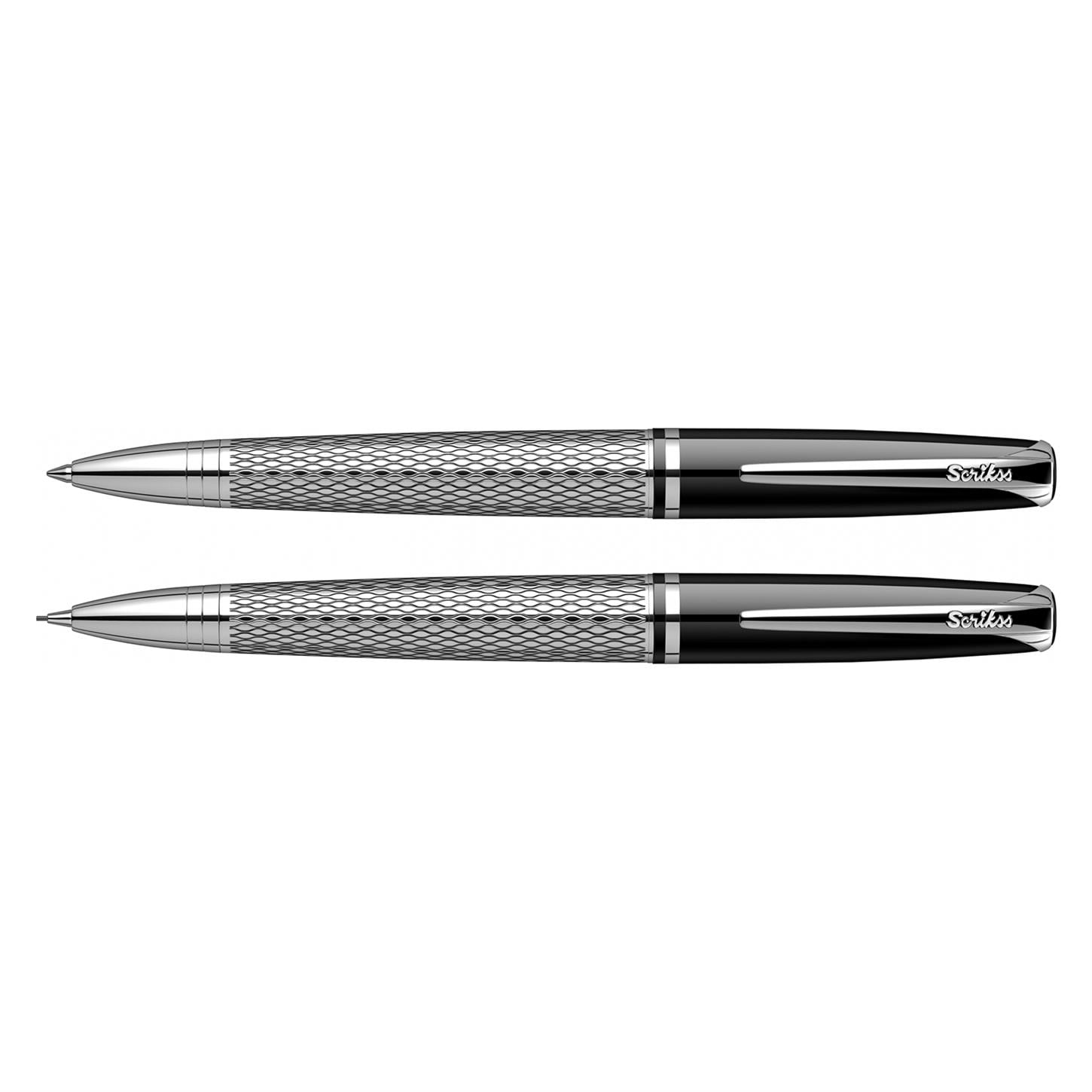 Scrikss Elegance Pera 477 2li Set Tükenmez Kalem- Versatil (Uçlu) Kalem Krom Gövde Krom Kaplama Klips Balık Sırtı Desenli