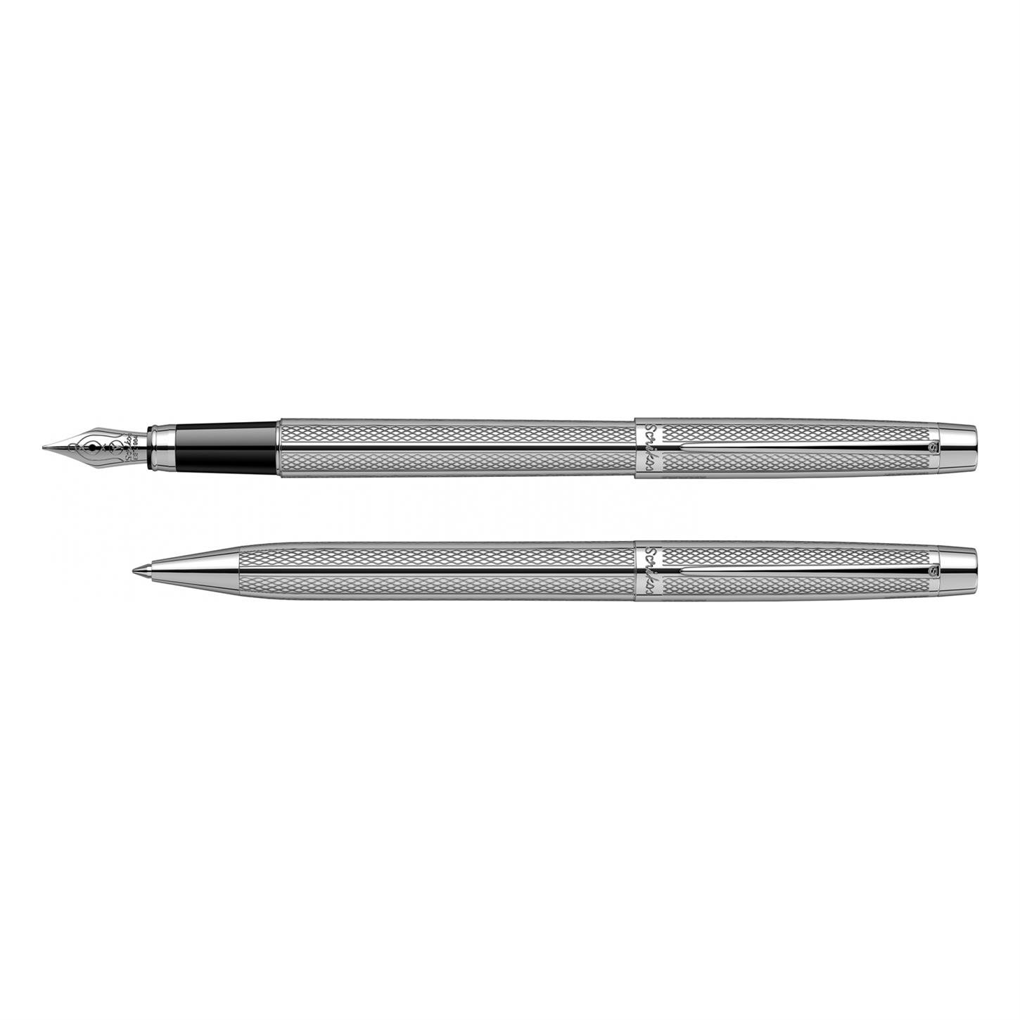 Scrikss Elegance Venüs 722 2li Set Dolma Kalem- Tükenmez Kalem Krom Kaplama Gövde Krom Kaplama Klips Balık Sırtı Desenli