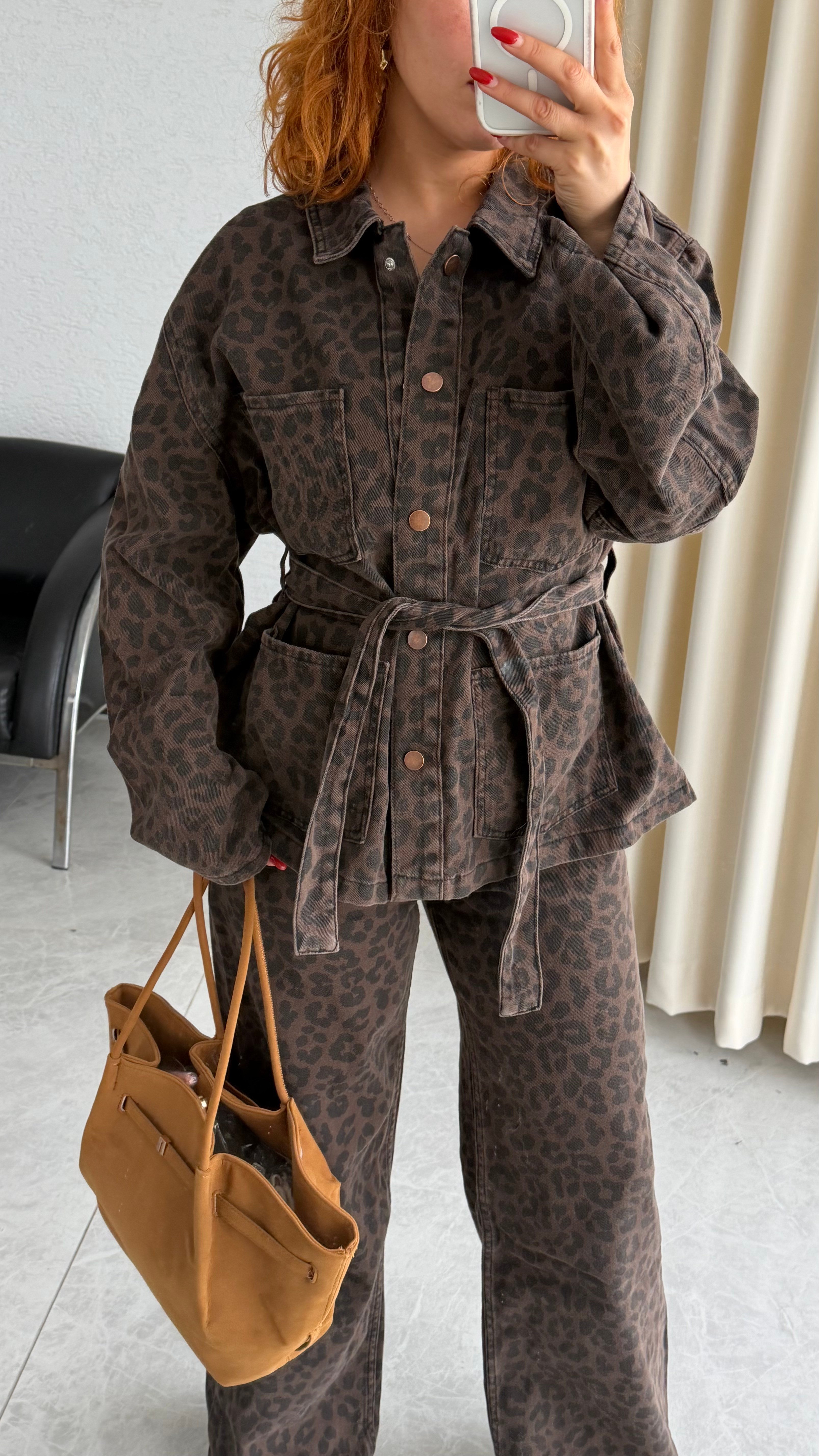 Leopar Desenli Denim Takım – Kahverengi