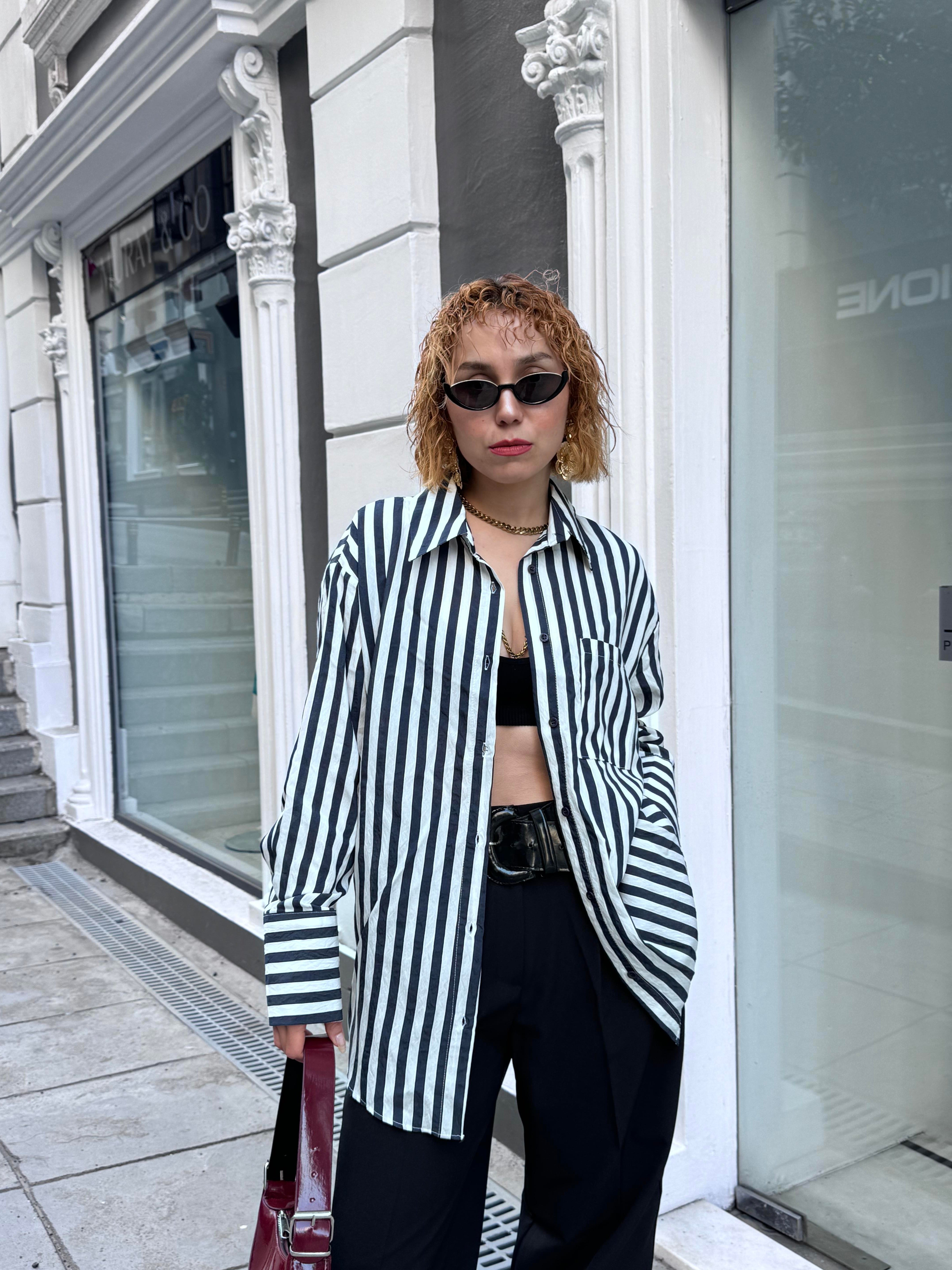 Modal Premium Kumaş Çizgili Oversize Düşük Kol Çizgili Gömlek