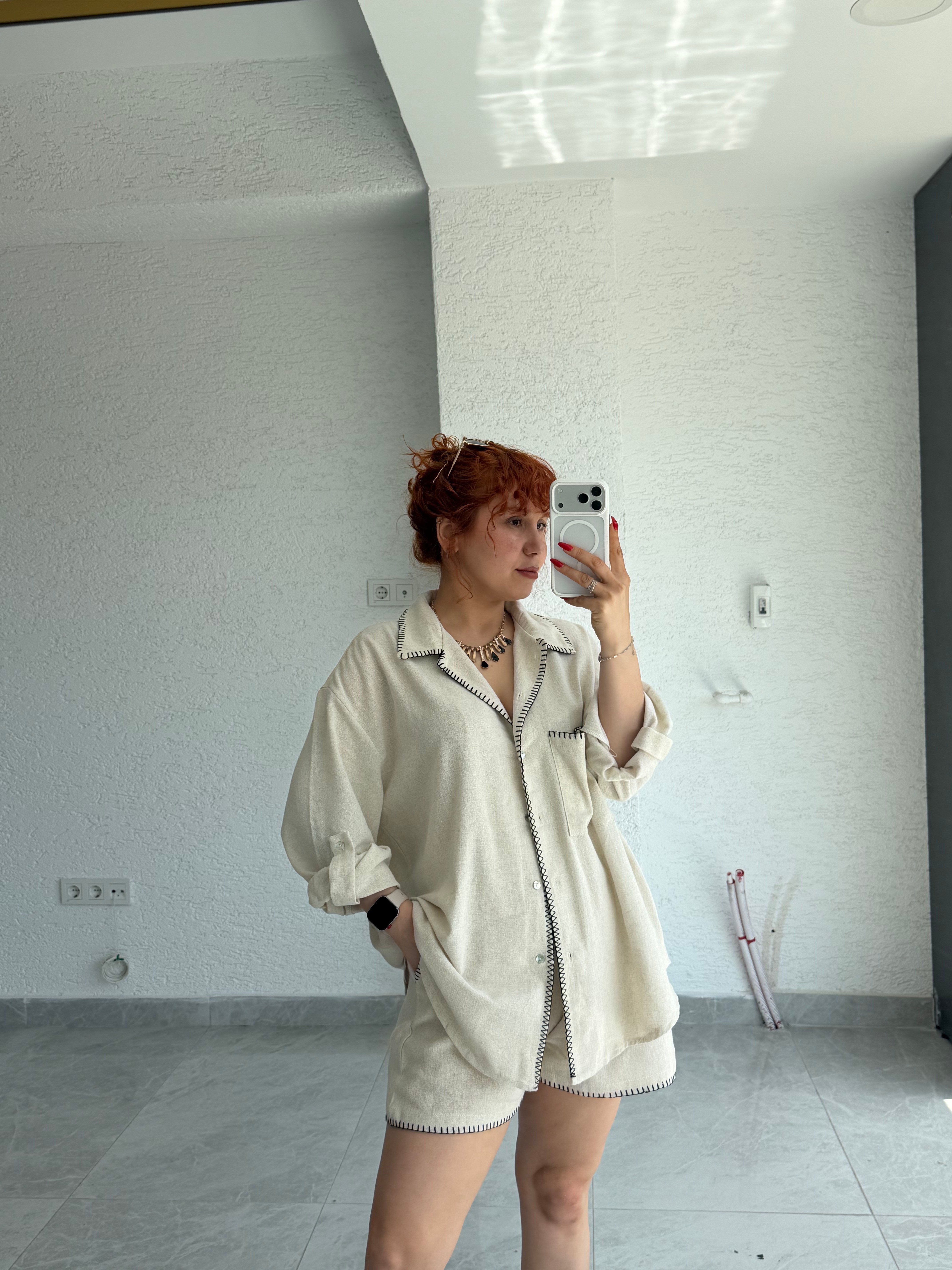 Premium %100 Keten Tasarım Oversize Gömlek -Şort 2'li Takım 