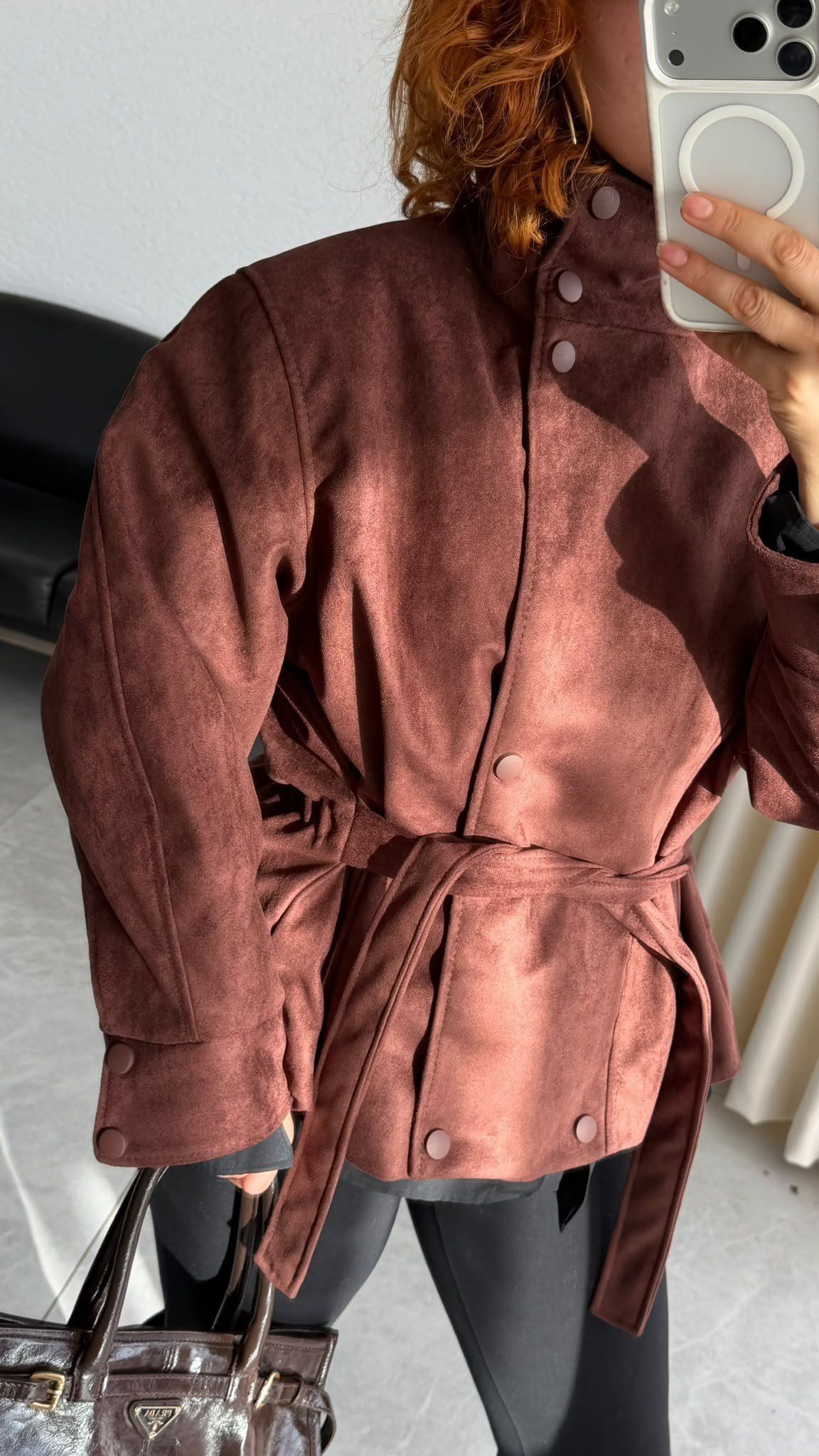 Premium Bağlamalı Dik Yaka Süet Ceket