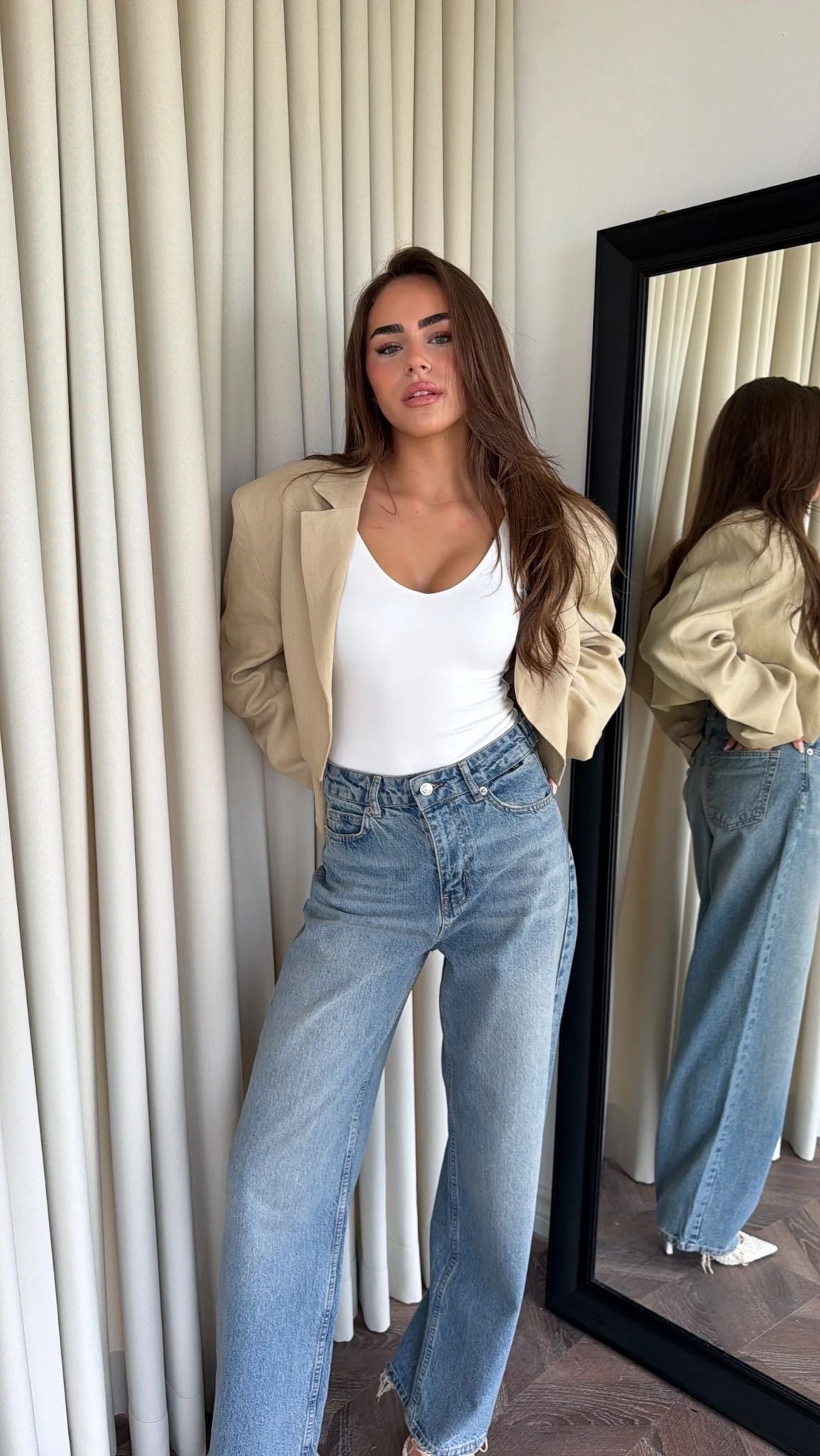 Premium Bel Detaylı Denim Yüksek Bel Wide Leg Jean Pantolon