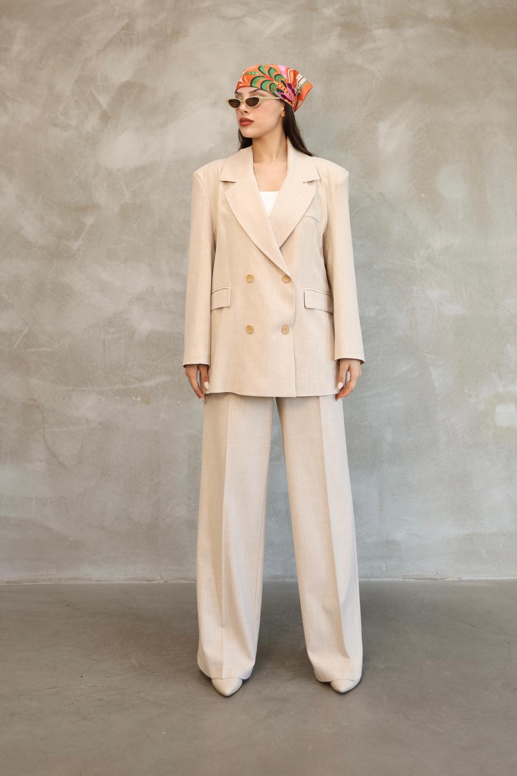 Premium Daddy Çift Düğmeli Oversize Blazer Ceket-Pileli Palazzo Pantolon 2'li Takım