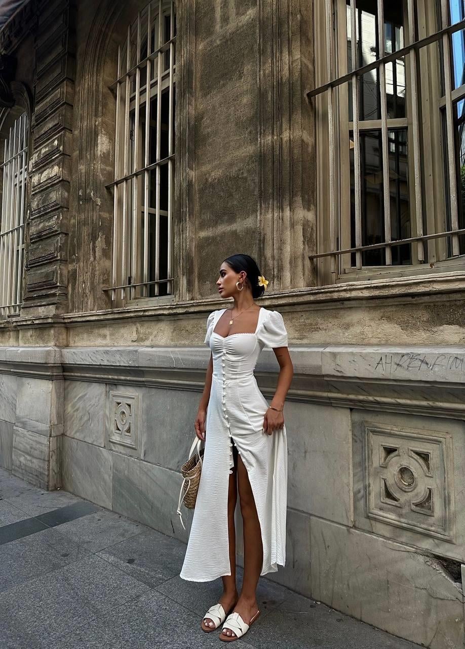 Premium Kalp Yaka Balon Kol Pinterest Yazlık Uzun Yırtmaçlı Elbise