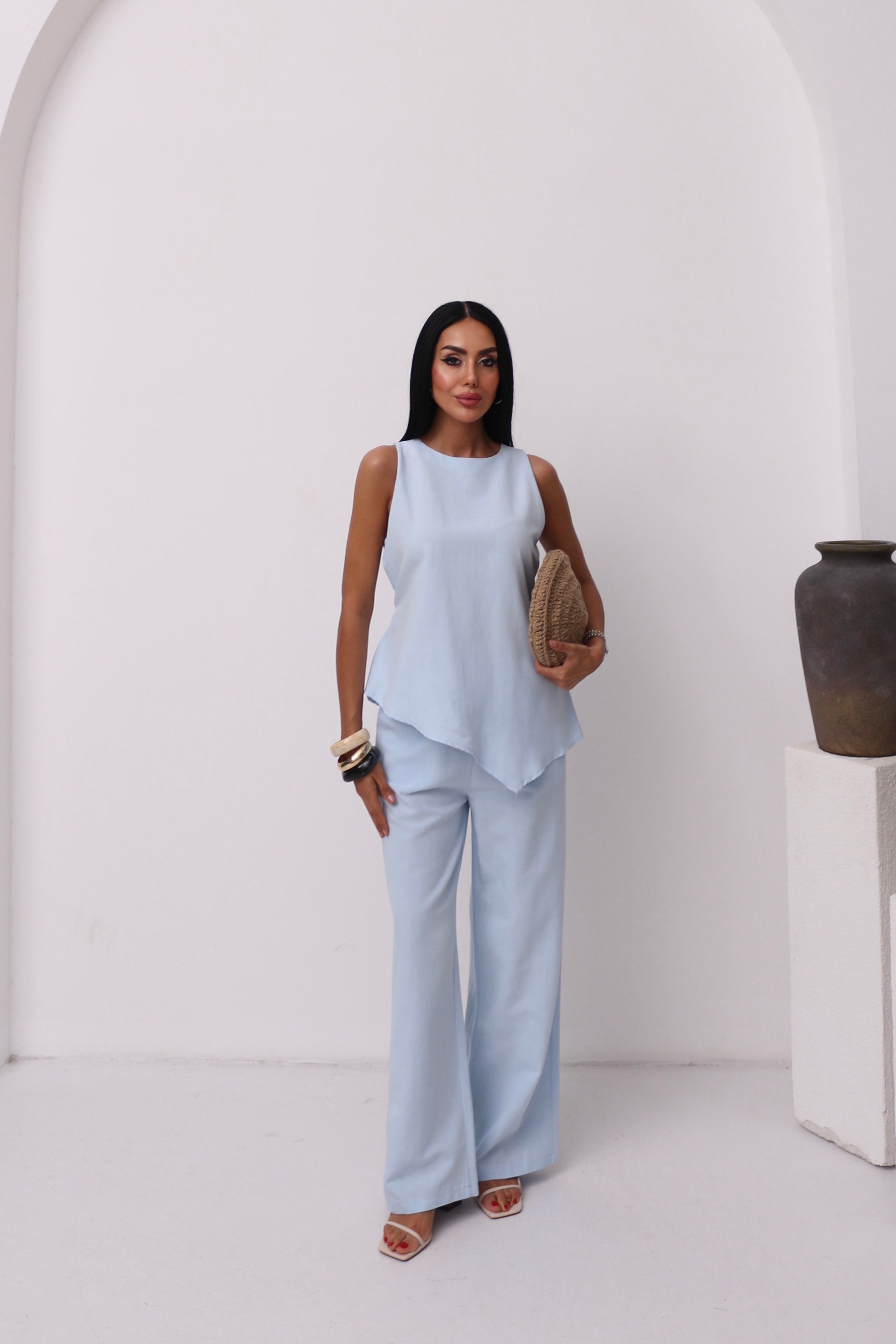 Premium Keten Arkadan Bağlamalı Asimetrik Bluz-Pantolon 2 Li Takım 