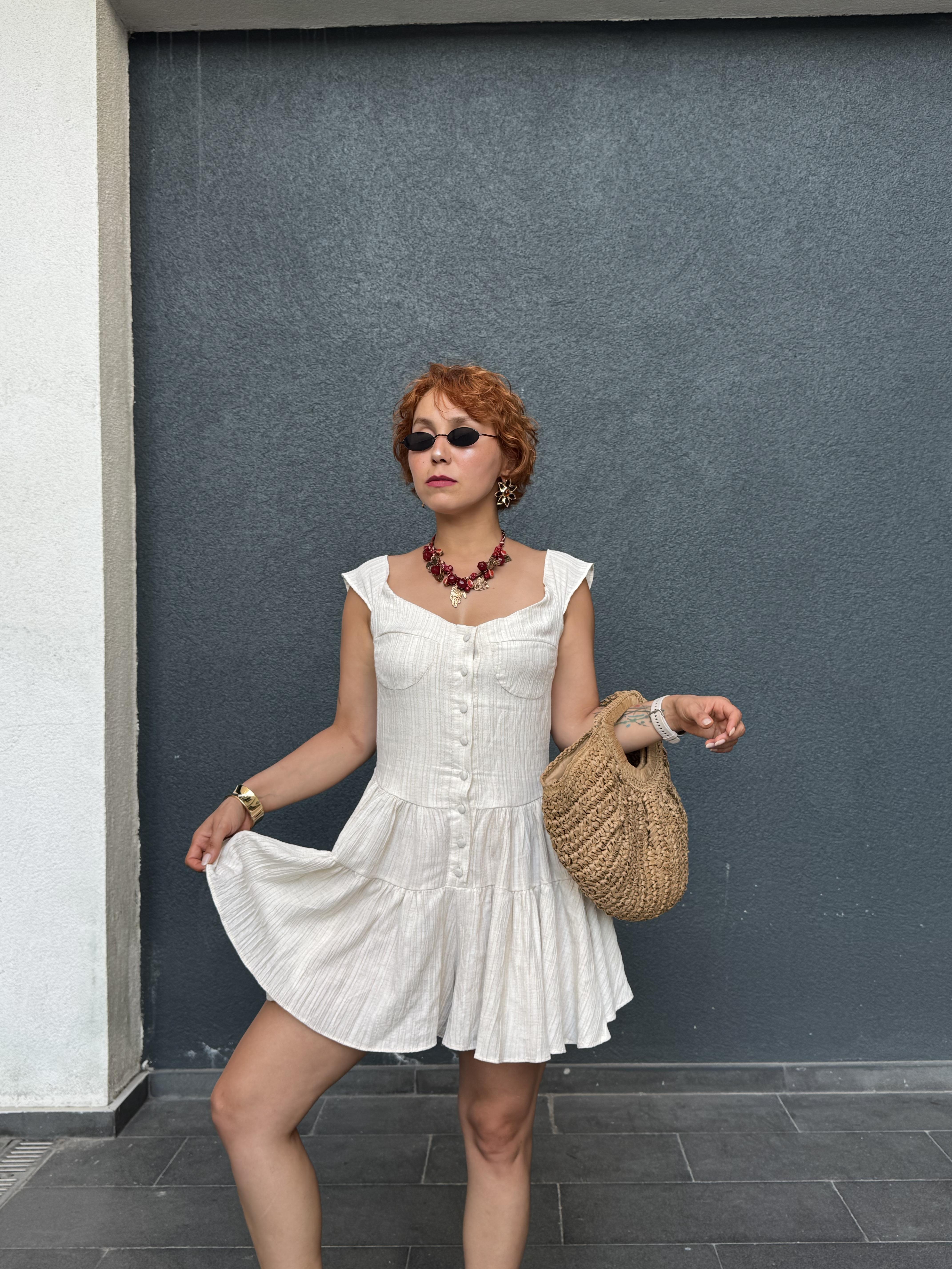Premium Keten Kalın Askılı Mini Elbise Tulum