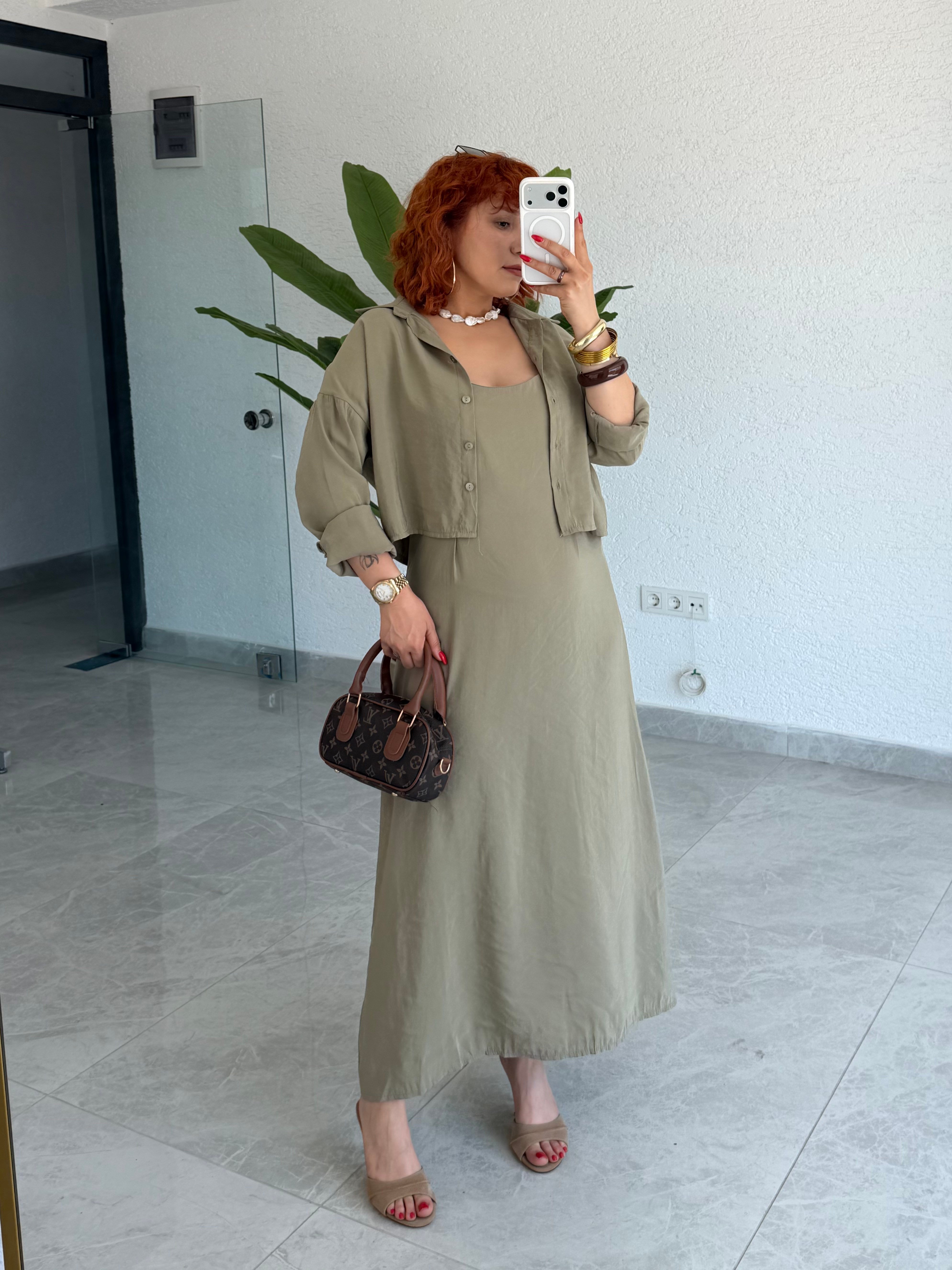 Premium Modal gömlek -Askılı Elbise 2'li Takım
