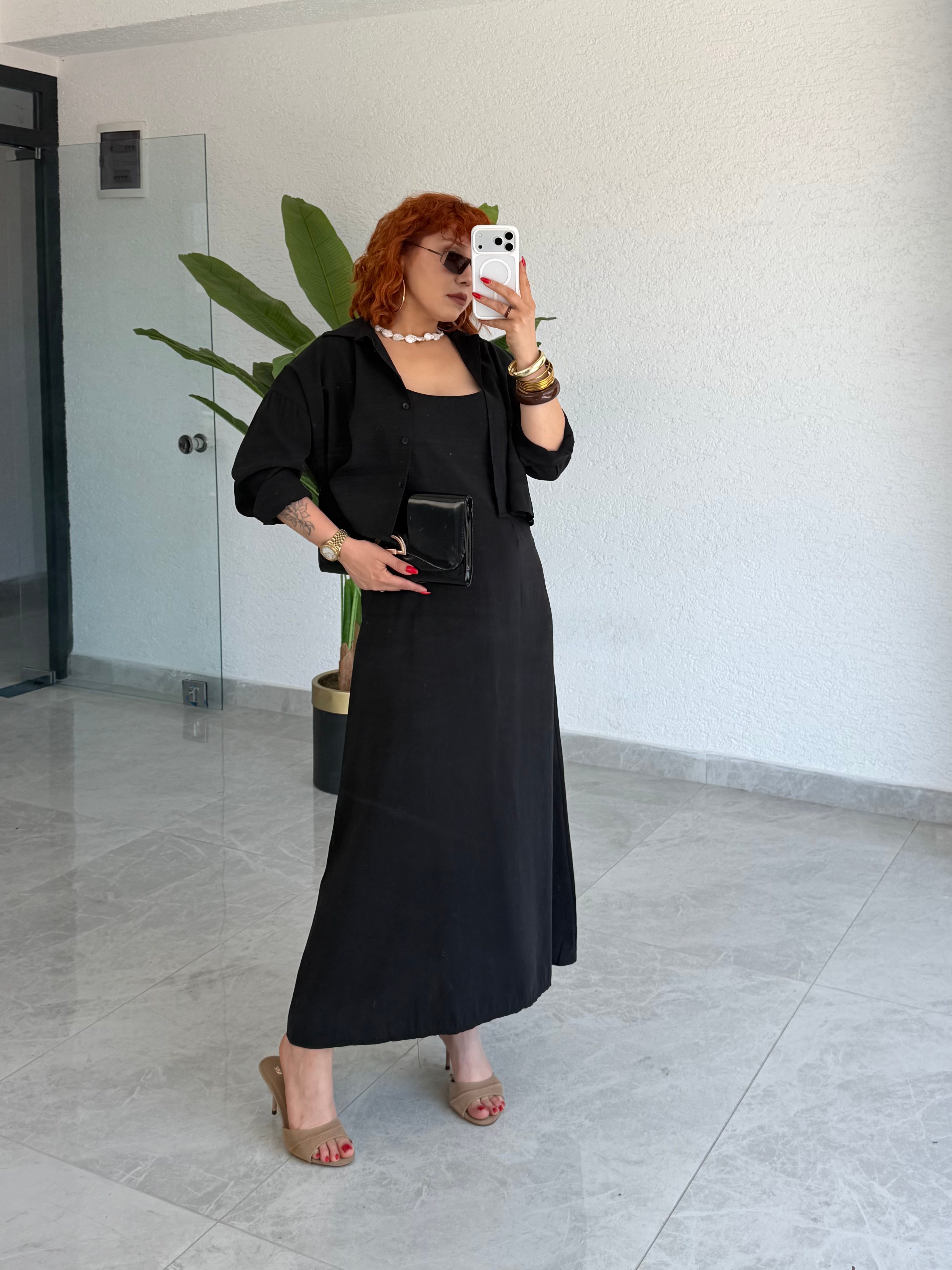 Premium Modal gömlek -Askılı Elbise 2'li Takım