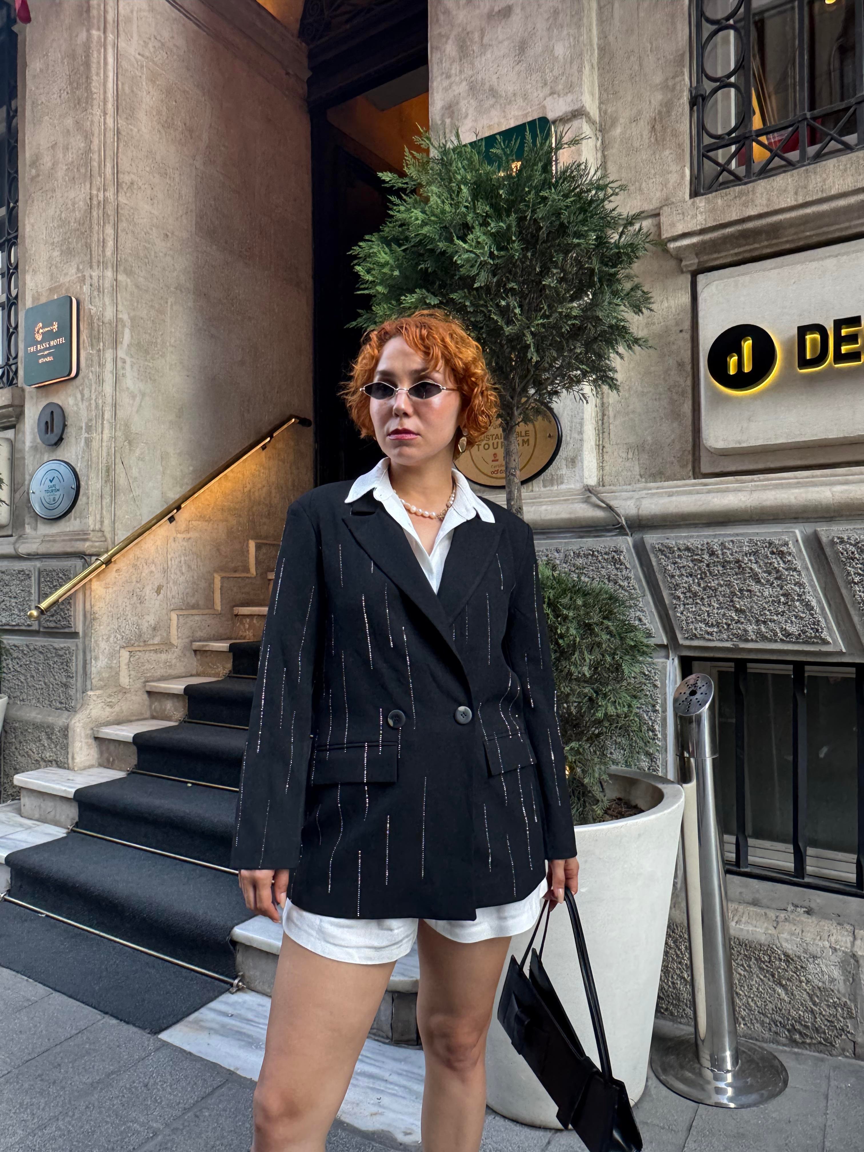 Premium Pamuklu Parlak Taş Baskılı Blazer Ceket