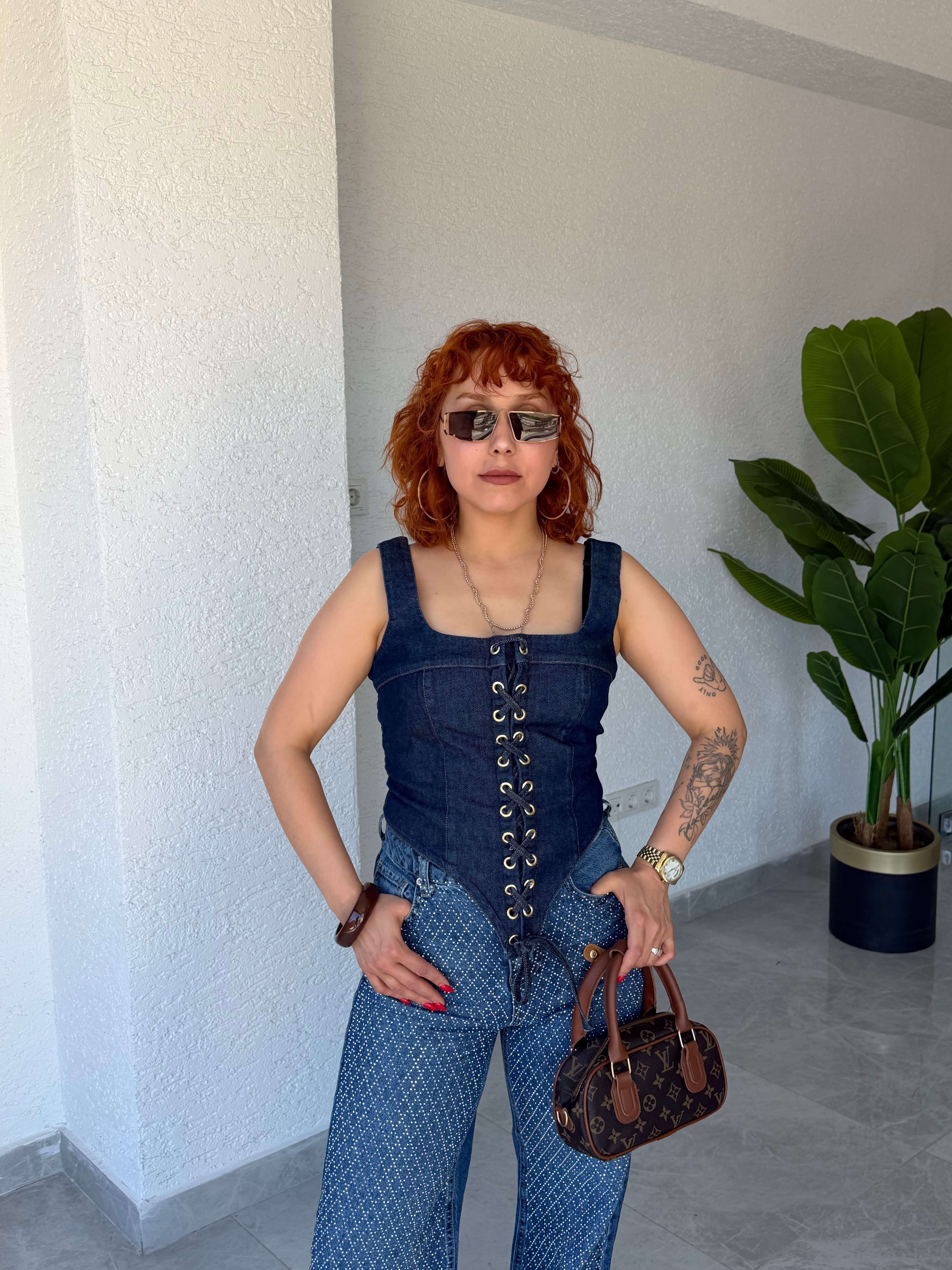 Premium Trend Bağcık Detaylı Denim Korse