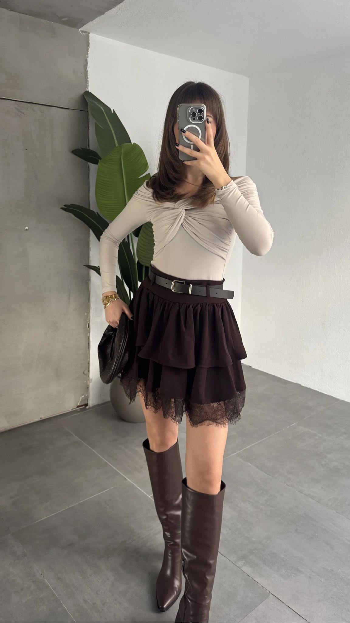 Premium Trend Dantelli Fırfırlı Mini Kemerli Etek