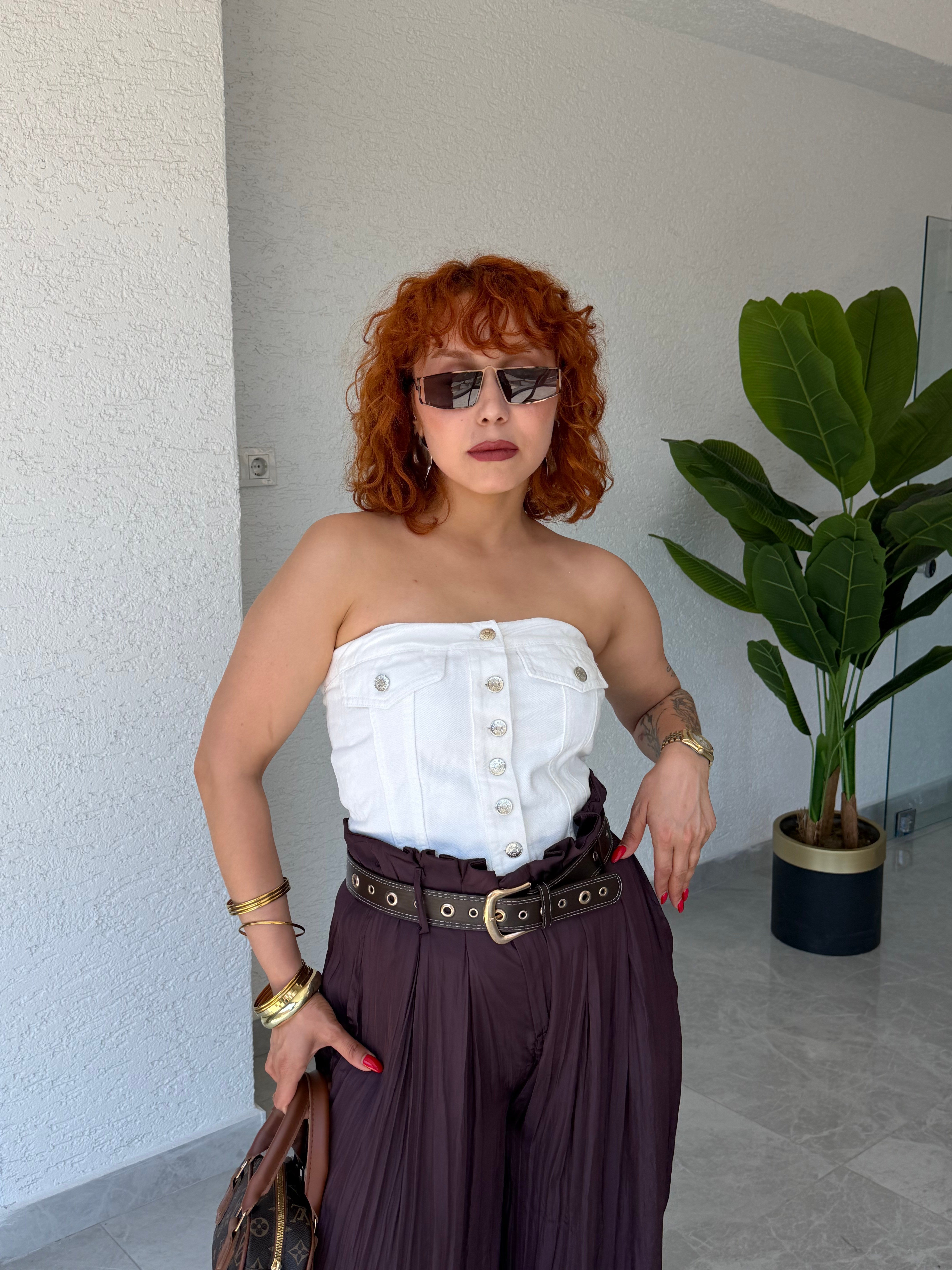 Premium Trend Düğmeli Beyaz Denim Korse