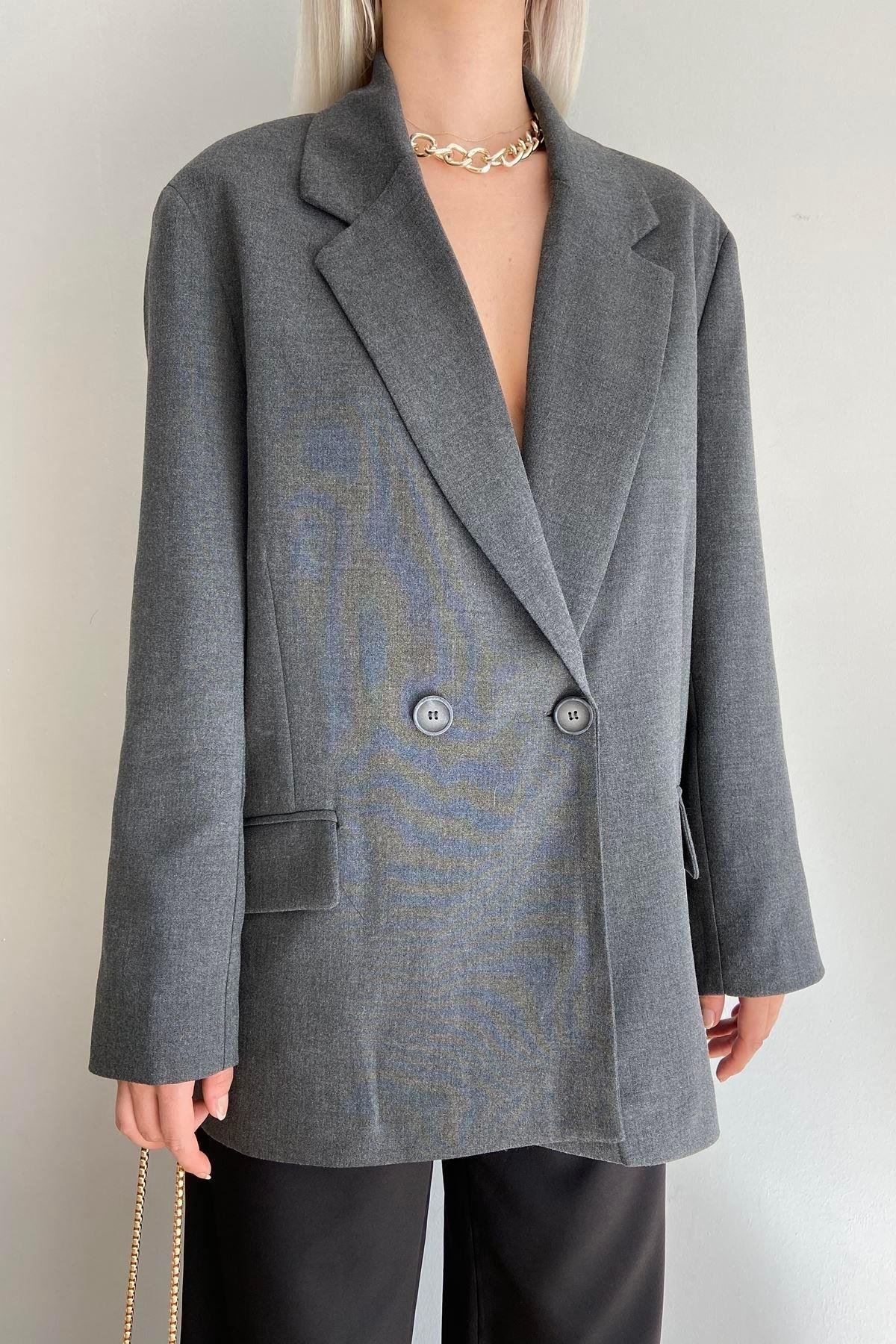 Premium Trend Oversize Antrasit Poliviscon Blazer Ceket